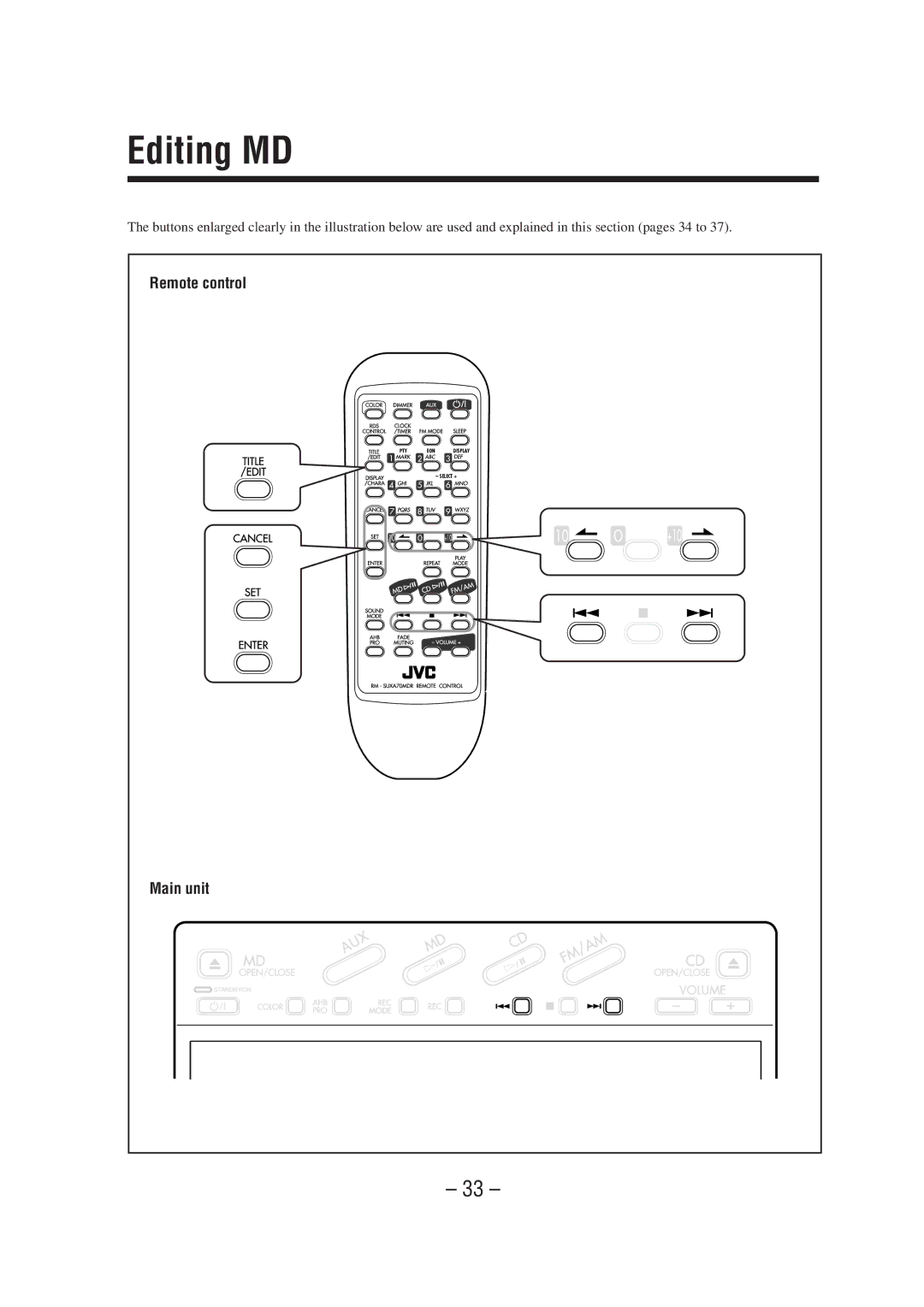 JVC UX-A70MDR manual Editing MD, Remote control 