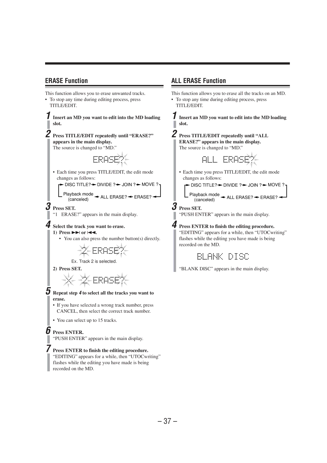 JVC UX-A70MDR manual ALL Erase Function, Select the track you want to erase Press ¢ or, Press Enter 