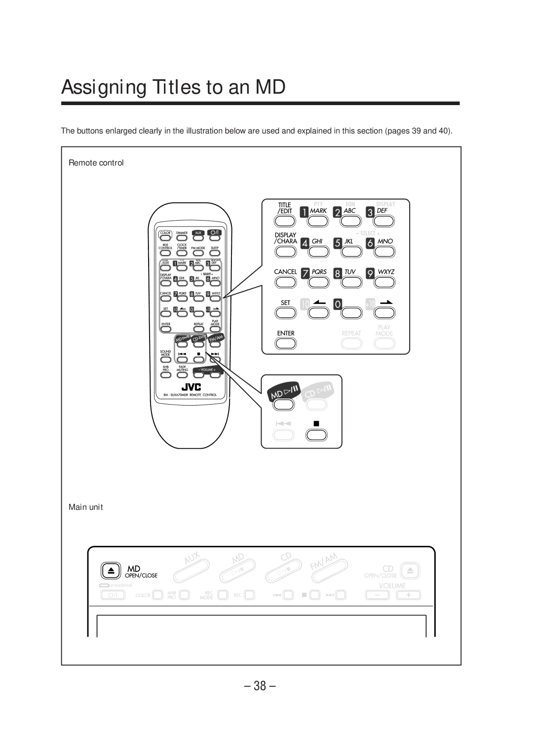 JVC UX-A70MDR manual Assigning Titles to an MD, Remote control 