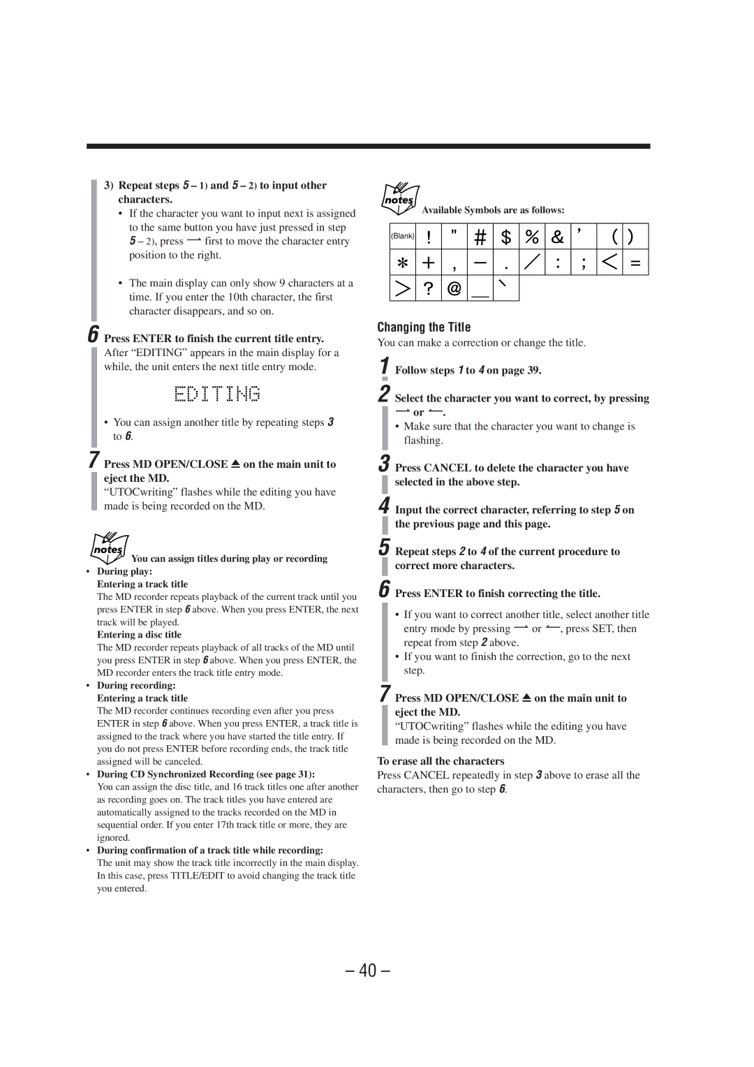 JVC UX-A70MDR manual Changing the Title 