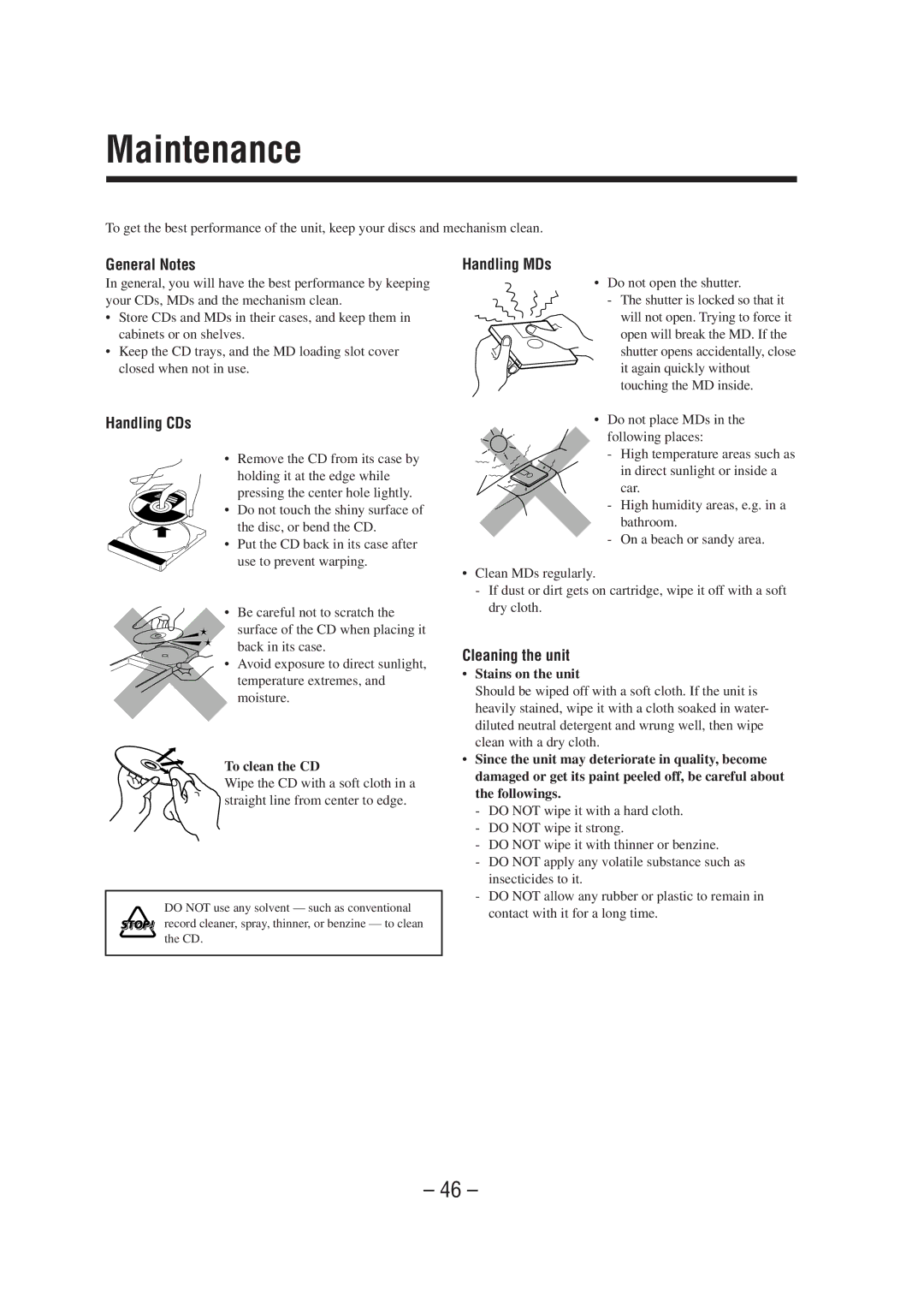 JVC UX-A70MDR manual Maintenance, General Notes, Handling CDs, Handling MDs, Cleaning the unit 
