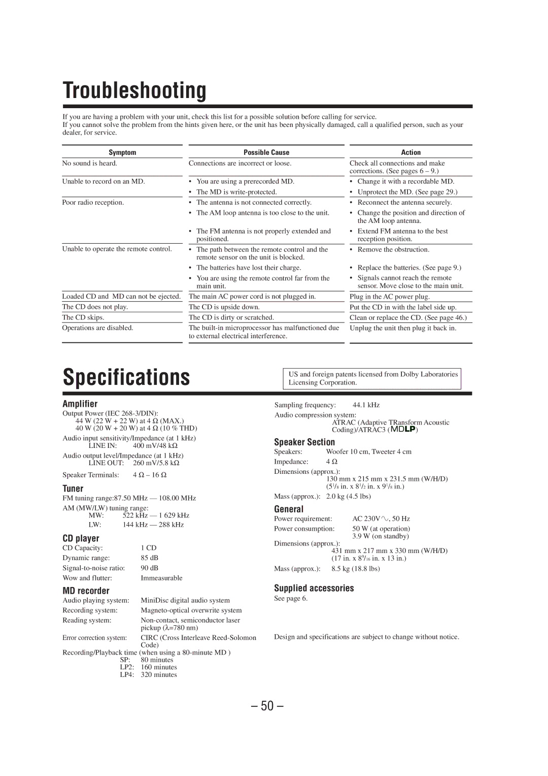 JVC UX-A70MDR manual Troubleshooting, Specifications 