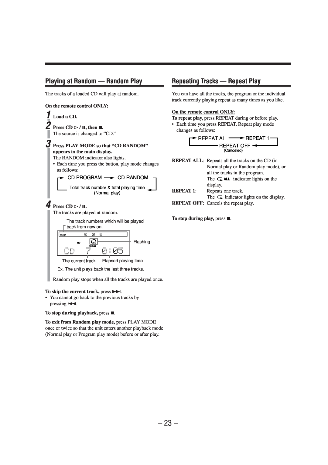 JVC UX-A70MDR manual Playing at Random - Random Play, Repeating Tracks - Repeat Play 