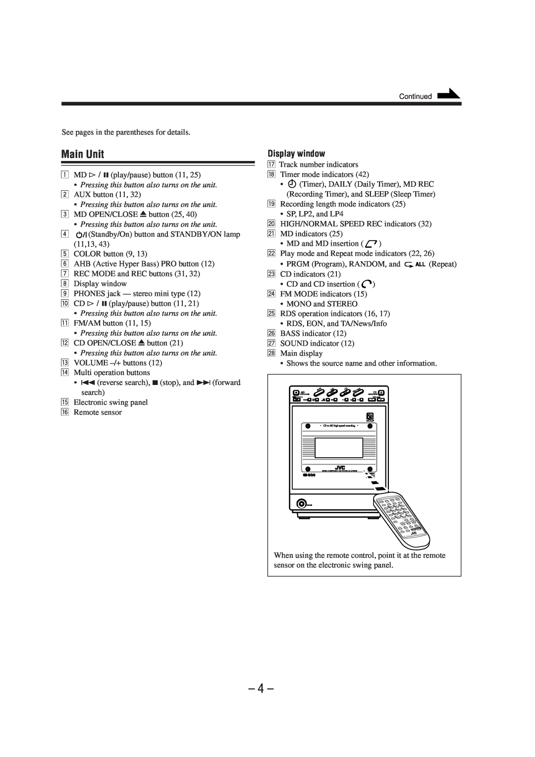 JVC UX-A70MDR manual Main Unit, Display window 