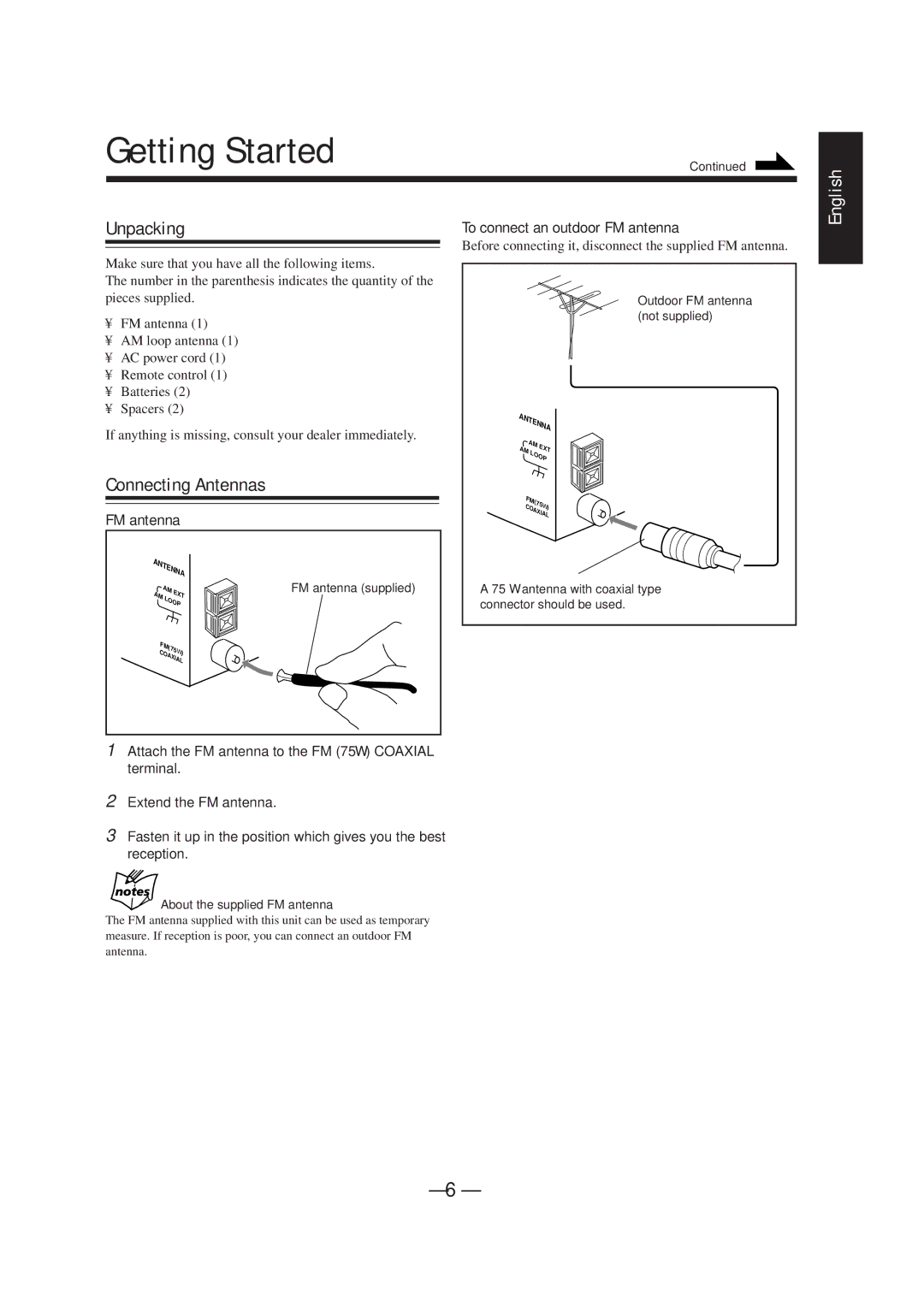 JVC UX-F72MD, UX-F70MD manual Getting Started, Unpacking, To connect an outdoor FM antenna, About the supplied FM antenna 