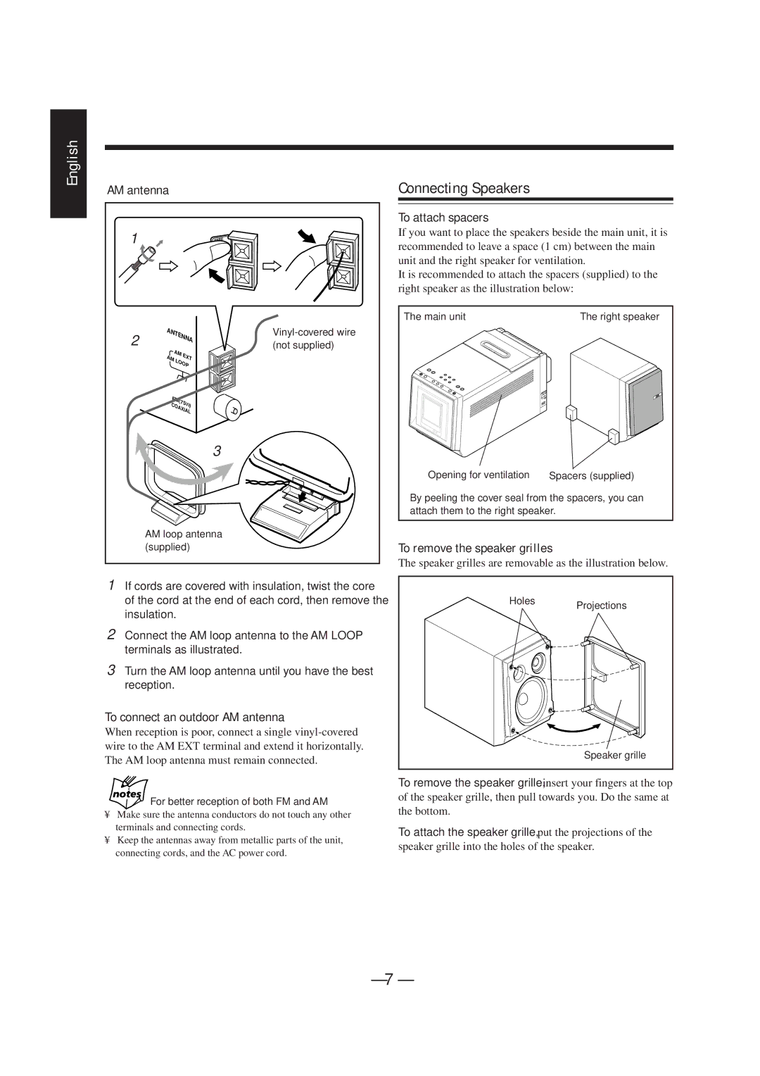 JVC UX-F70MD Connecting Speakers, To connect an outdoor AM antenna, To attach spacers, To remove the speaker grilles 