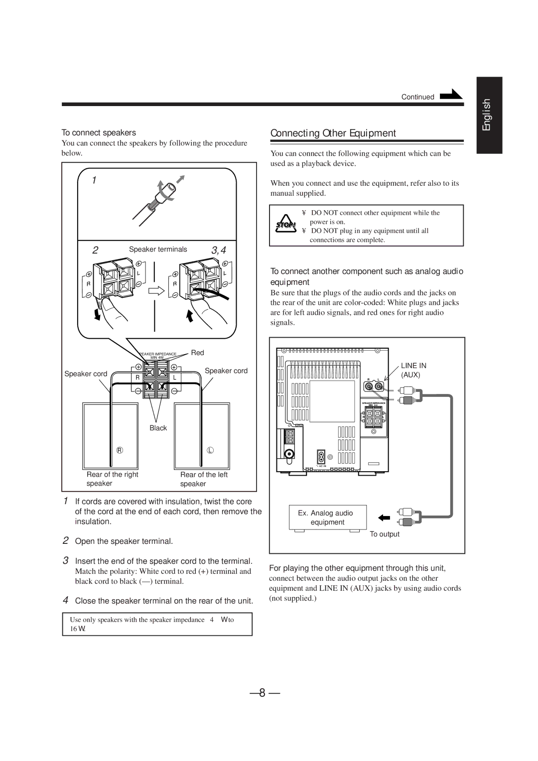 JVC UX-F72MD Connecting Other Equipment, To connect speakers, To connect another component such as analog audio equipment 