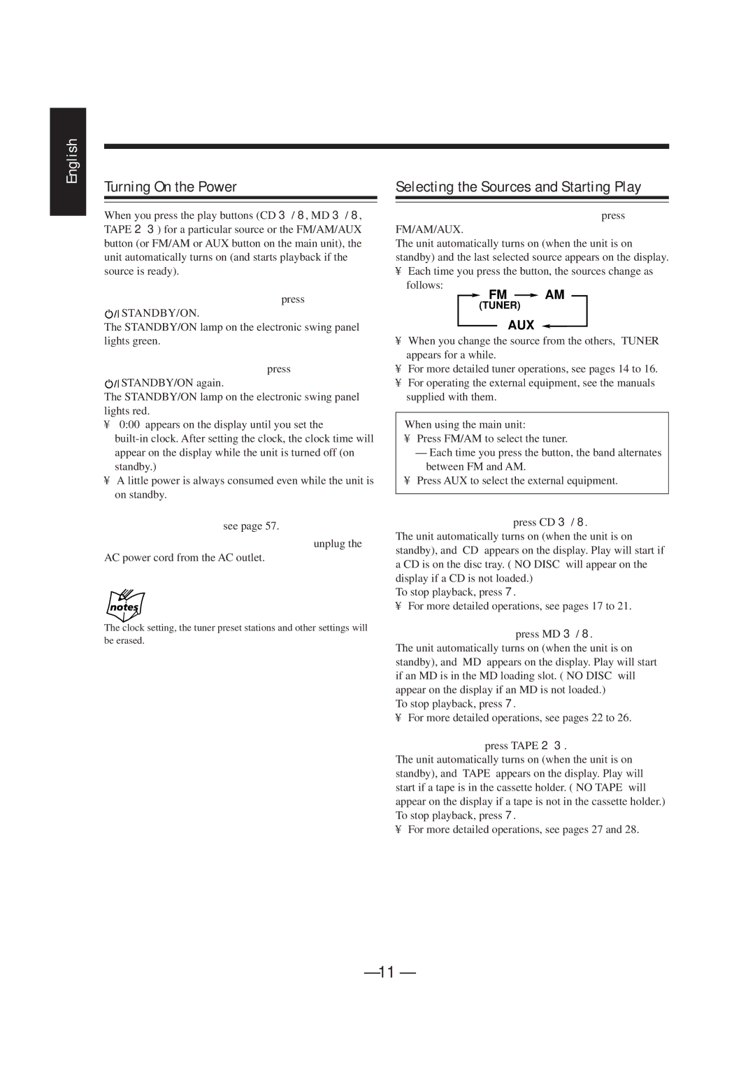 JVC UX-F70MD, UX-F72MD manual Turning On the Power, Selecting the Sources and Starting Play 