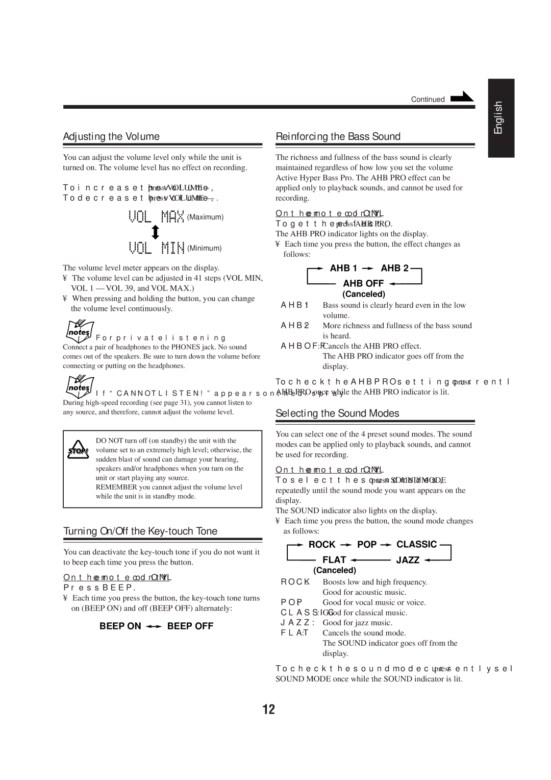 JVC UX-F72MD, UX-F70MD manual Adjusting the Volume, Turning On/Off the Key-touch Tone, Reinforcing the Bass Sound 