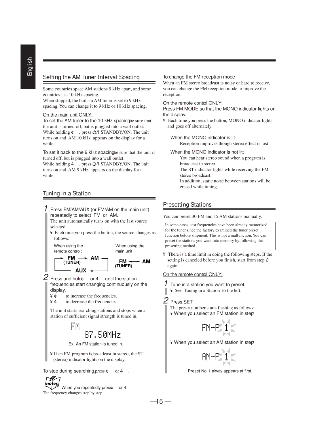 JVC UX-F70MD, UX-F72MD manual Setting the AM Tuner Interval Spacing, Tuning in a Station, Presetting Stations 