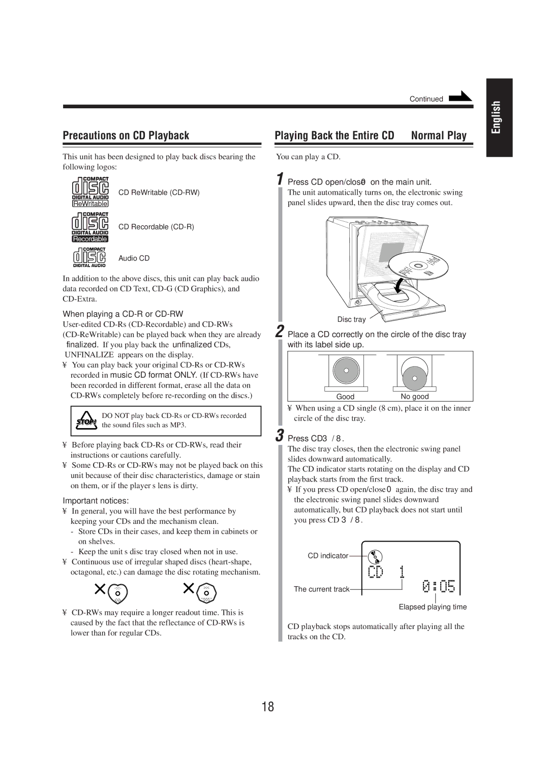 JVC UX-F72MD, UX-F70MD manual Precautions on CD Playback, Playing Back the Entire CD Normal Play 