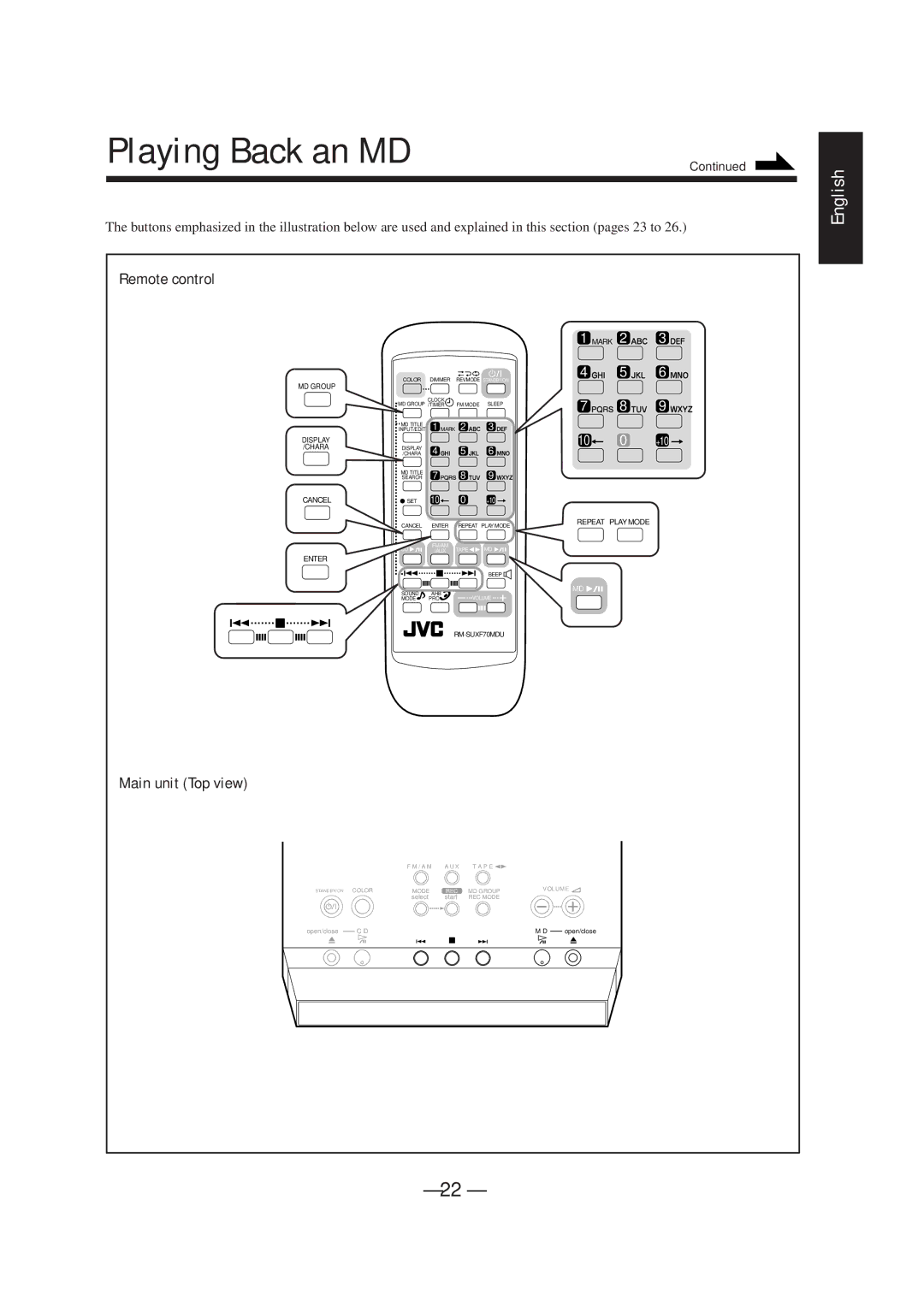 JVC UX-F72MD, UX-F70MD manual Playing Back an MD, Mark 