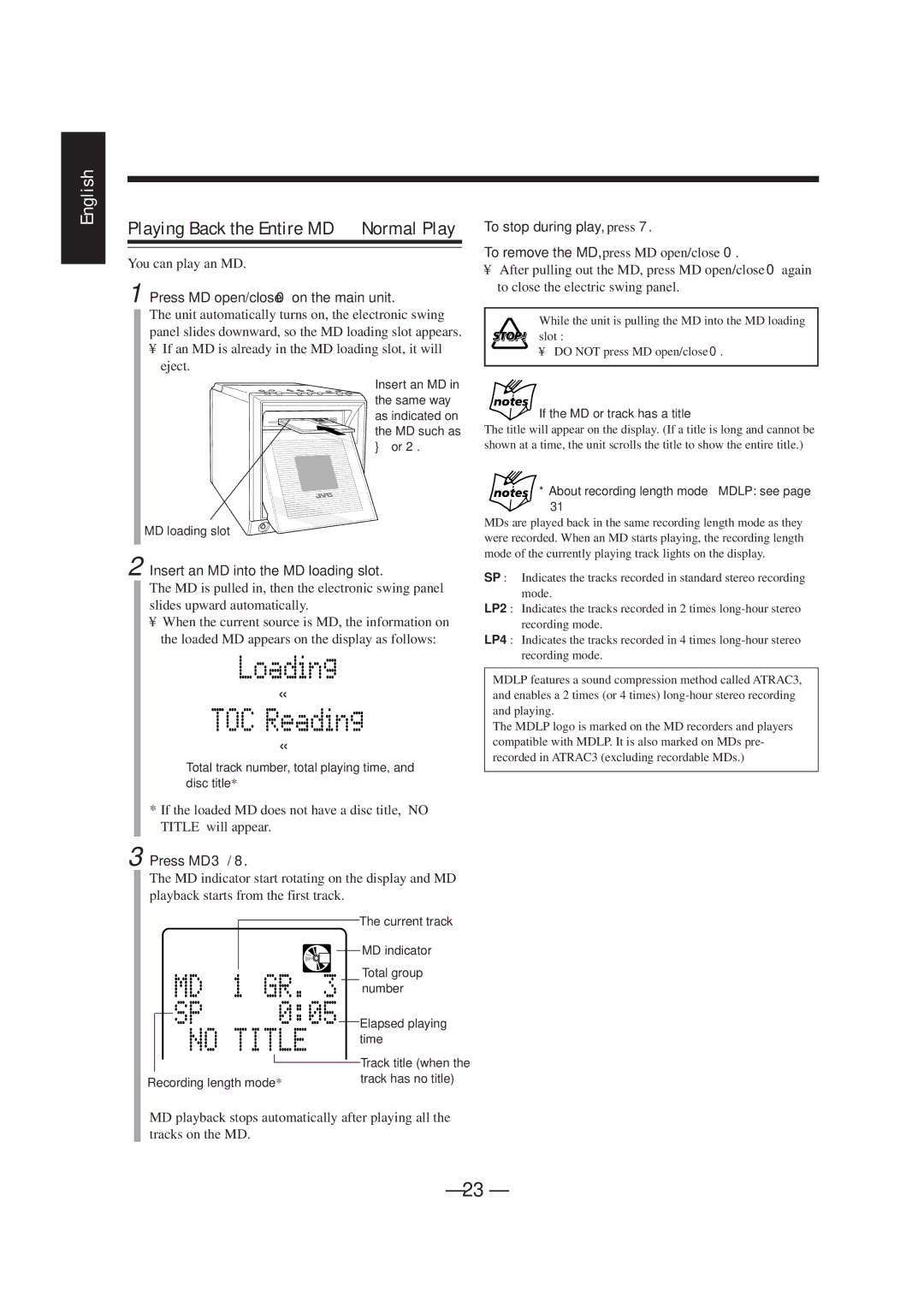 JVC UX-F70MD, UX-F72MD manual Press MD open/close 0on the main unit, Insert an MD into the MD loading slot, Press MD 3 