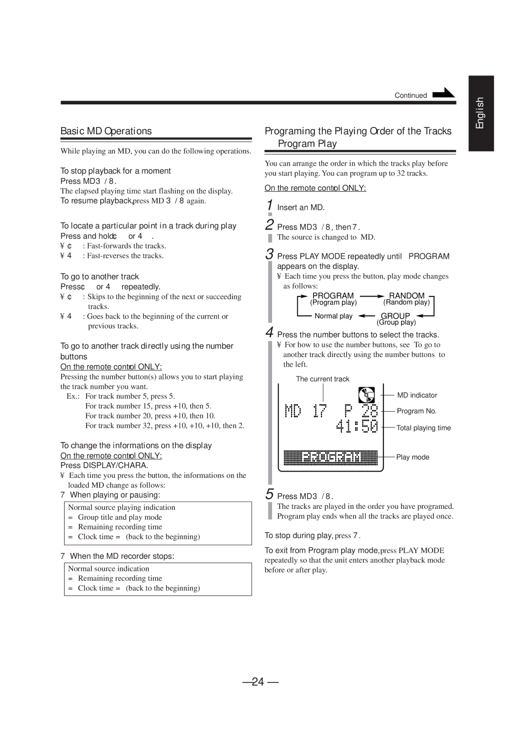 JVC UX-F72MD, UX-F70MD manual Basic MD Operations, Programing the Playing Order of the Tracks Program Play 