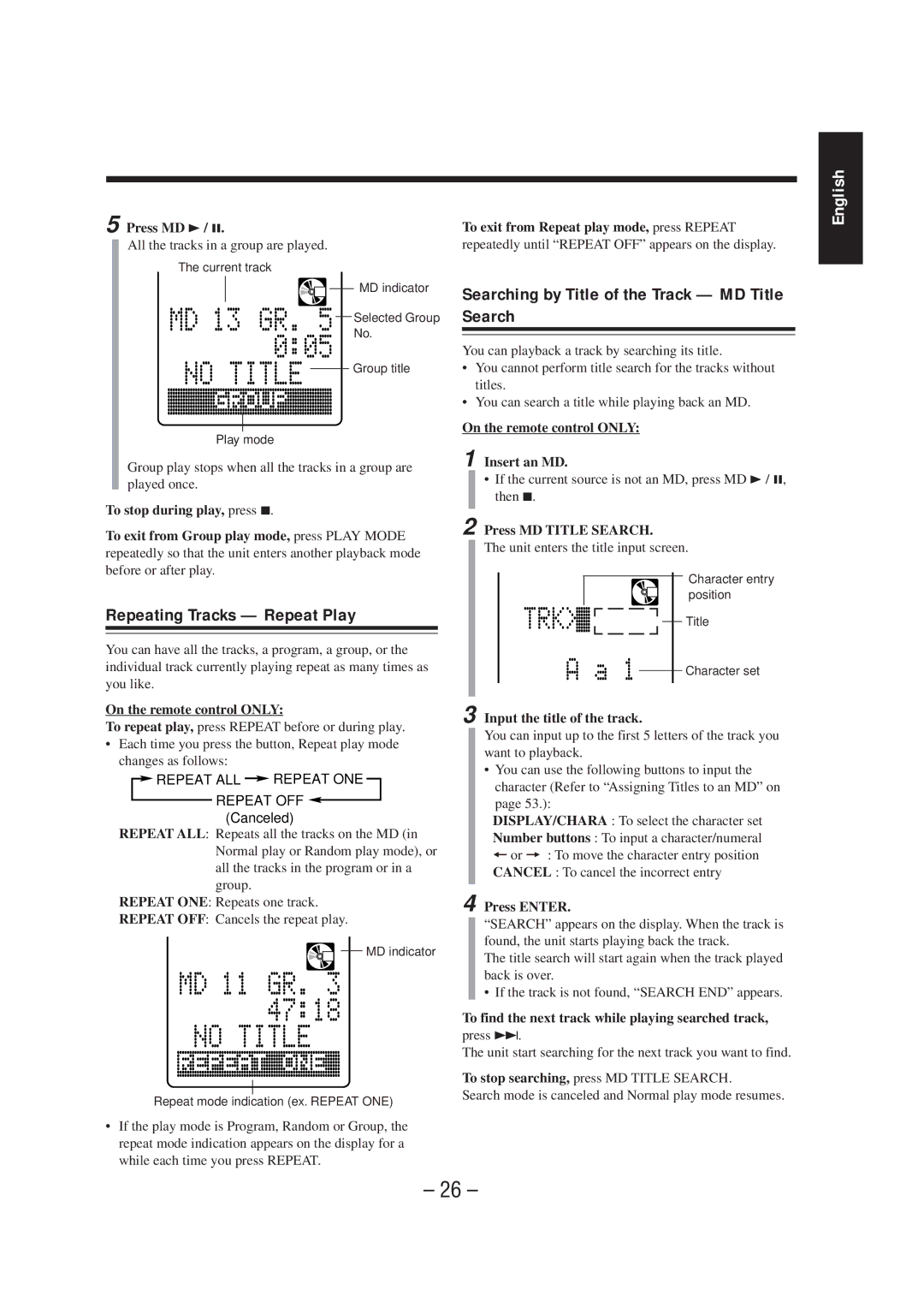 JVC UX-F72MD, UX-F70MD manual Searching by Title of the Track MD Title Search 