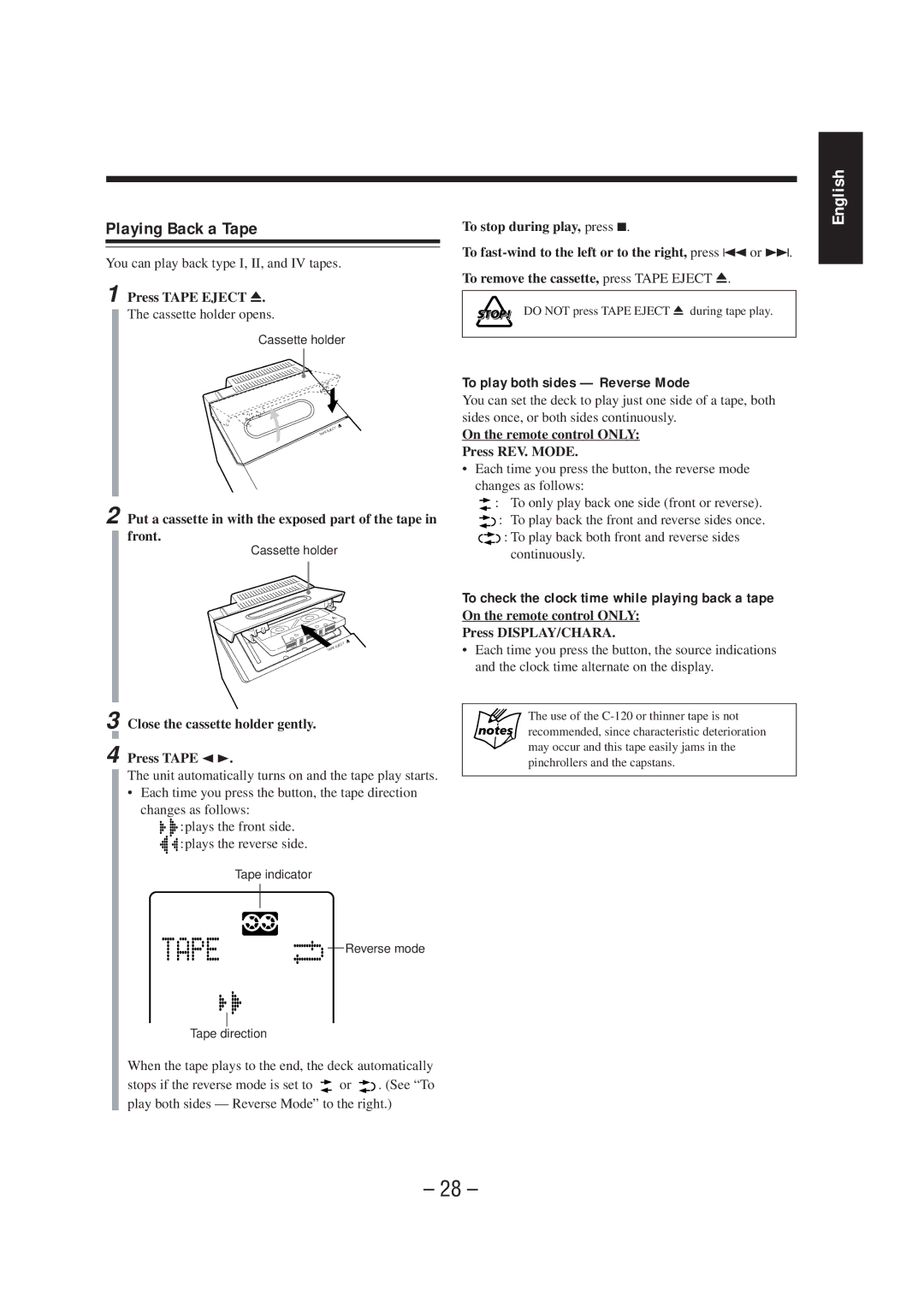 JVC UX-F72MD, UX-F70MD manual Playing Back a Tape, To play both sides Reverse Mode 