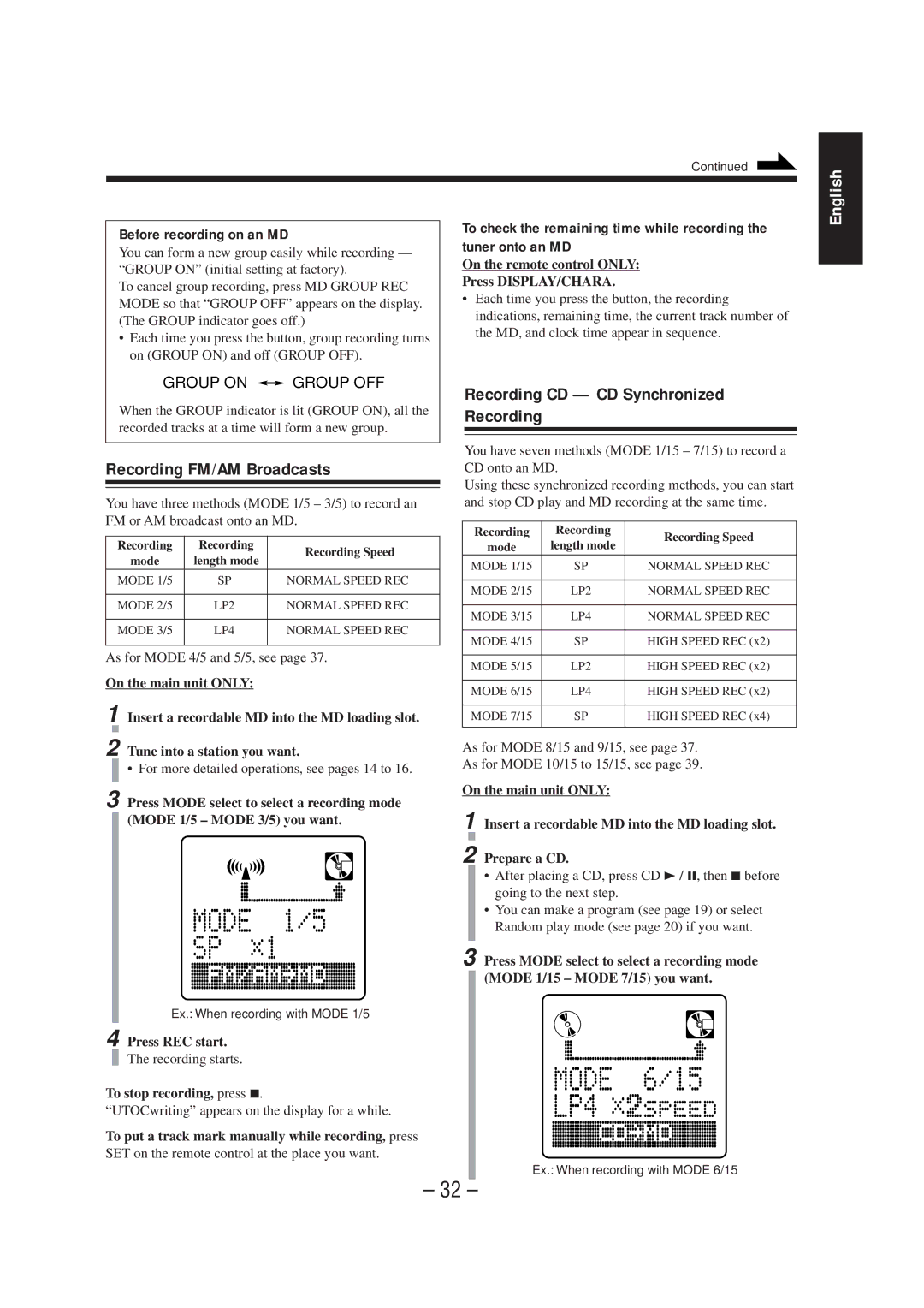 JVC UX-F72MD, UX-F70MD manual Recording FM/AM Broadcasts, Recording CD CD Synchronized Recording, Before recording on an MD 