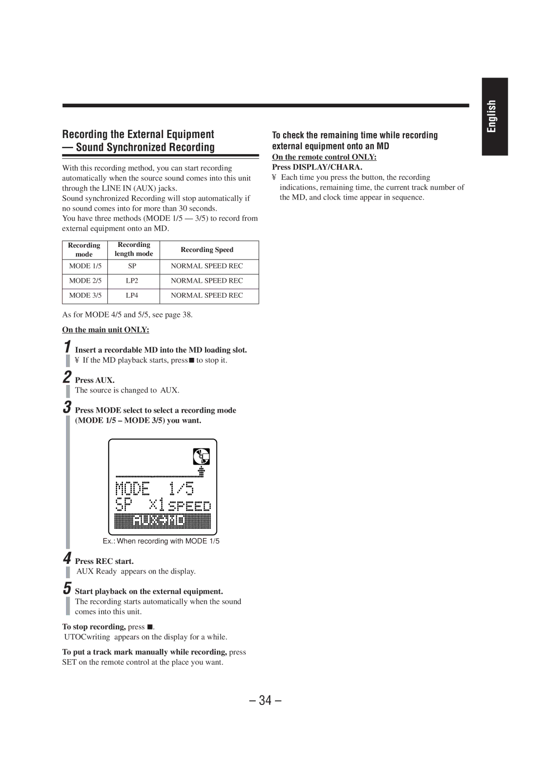 JVC UX-F72MD, UX-F70MD manual Press AUX, Start playback on the external equipment, Recording Recording Speed Mode 