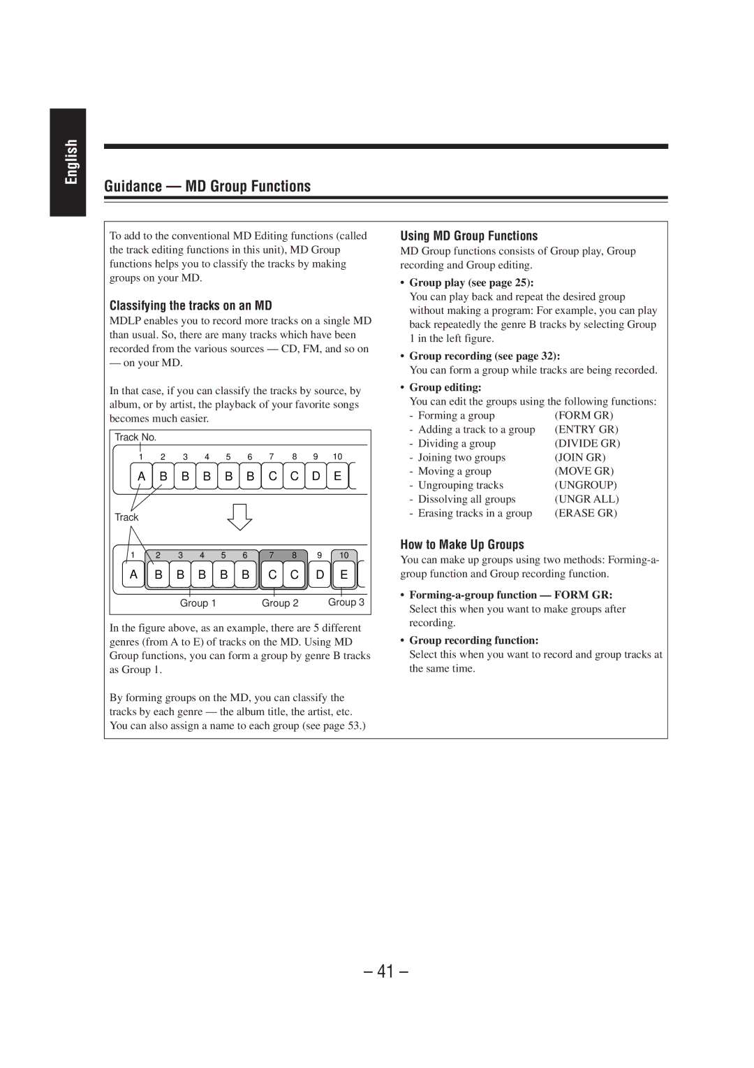 JVC UX-F70MD Guidance MD Group Functions, Classifying the tracks on an MD, Using MD Group Functions, How to Make Up Groups 