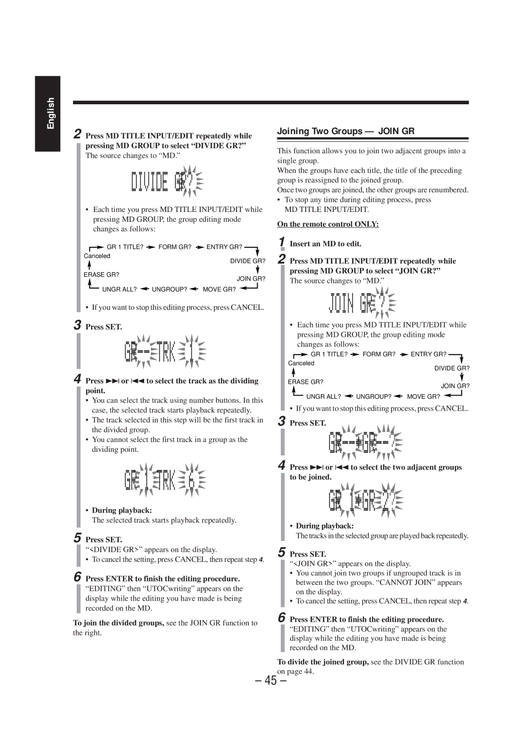 JVC UX-F70MD, UX-F72MD manual Joining Two Groups Join GR, To join the divided groups, see the Join GR function to 