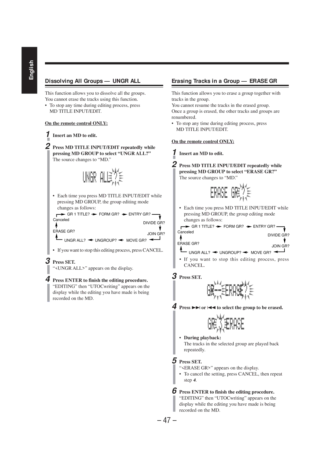 JVC UX-F70MD, UX-F72MD manual Dissolving All Groups Ungr ALL, Erasing Tracks in a Group Erase GR 