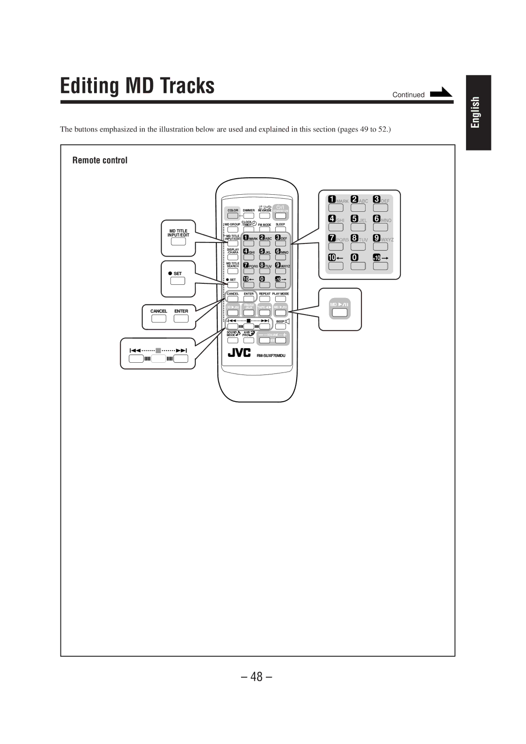 JVC UX-F72MD, UX-F70MD manual Editing MD Tracks, Remote control 