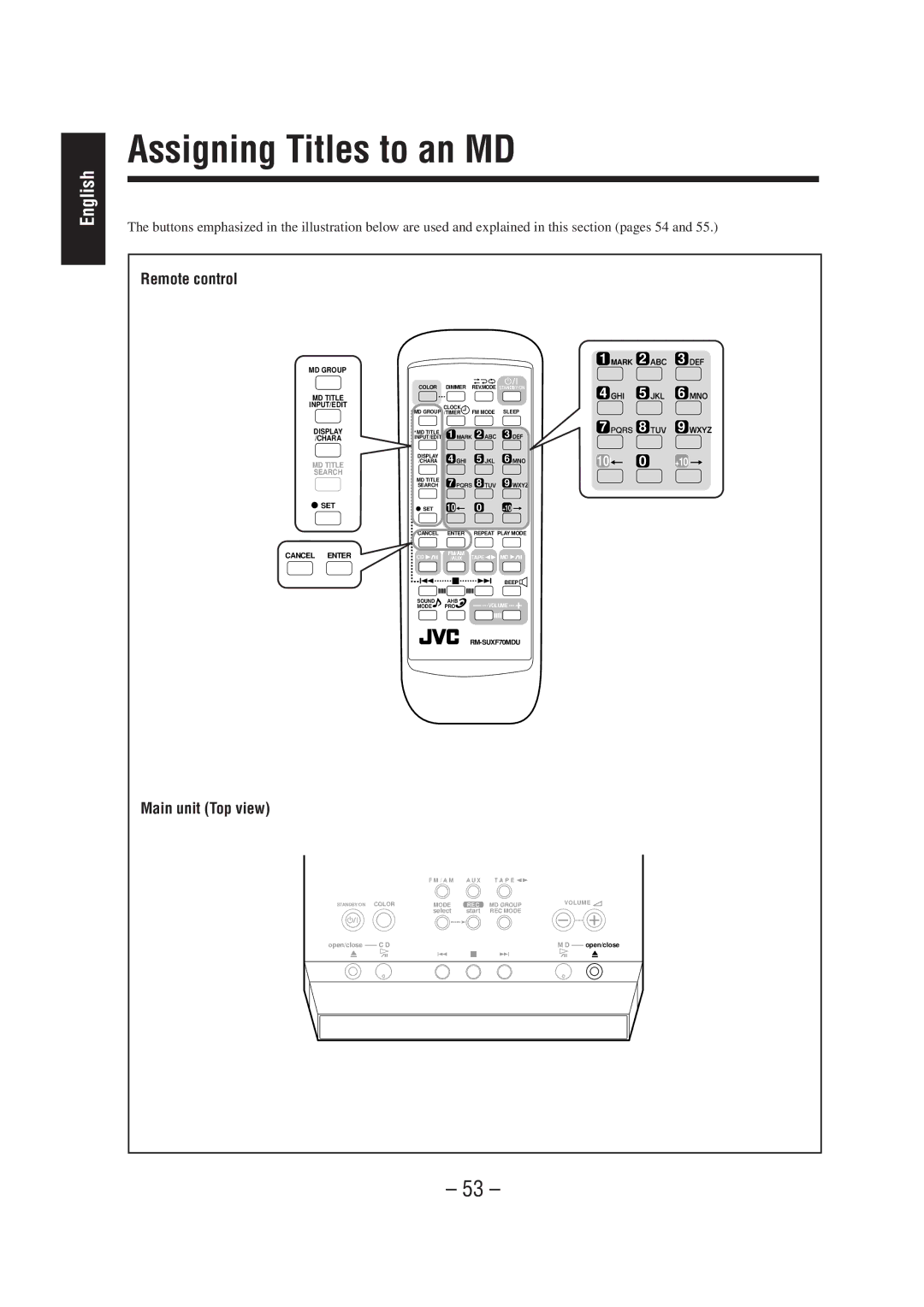 JVC UX-F70MD, UX-F72MD manual Assigning Titles to an MD, Remote control 