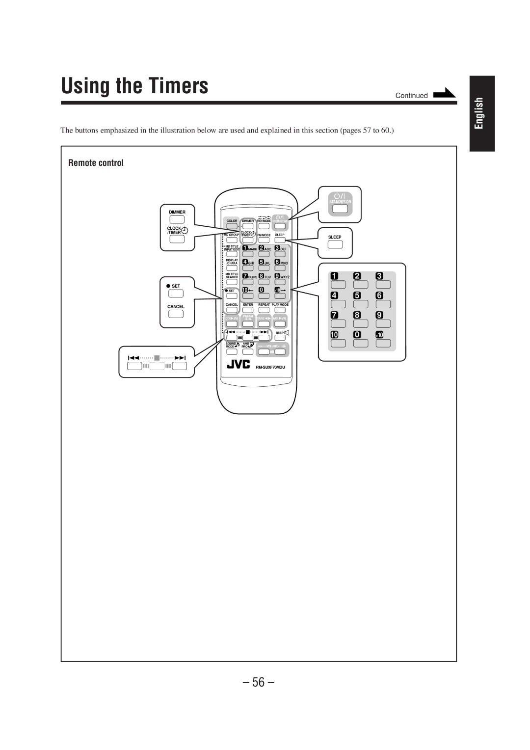 JVC UX-F72MD, UX-F70MD manual Using the Timers, Remote control 