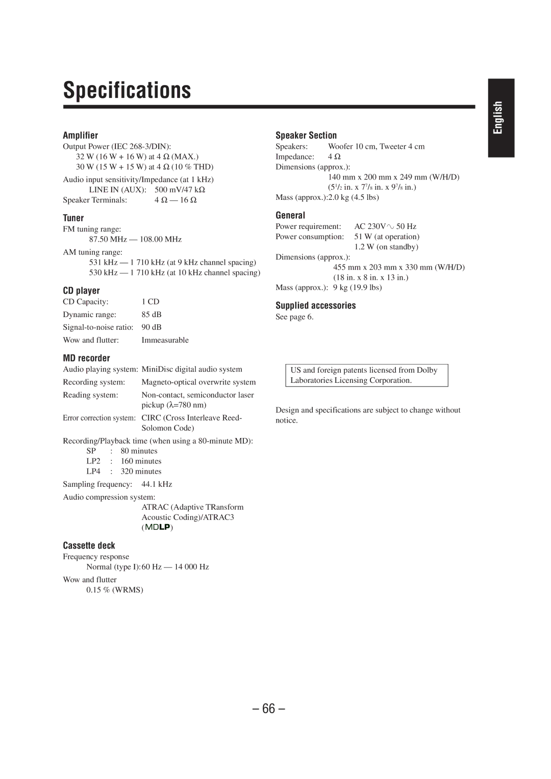 JVC UX-F72MD, UX-F70MD manual Specifications 