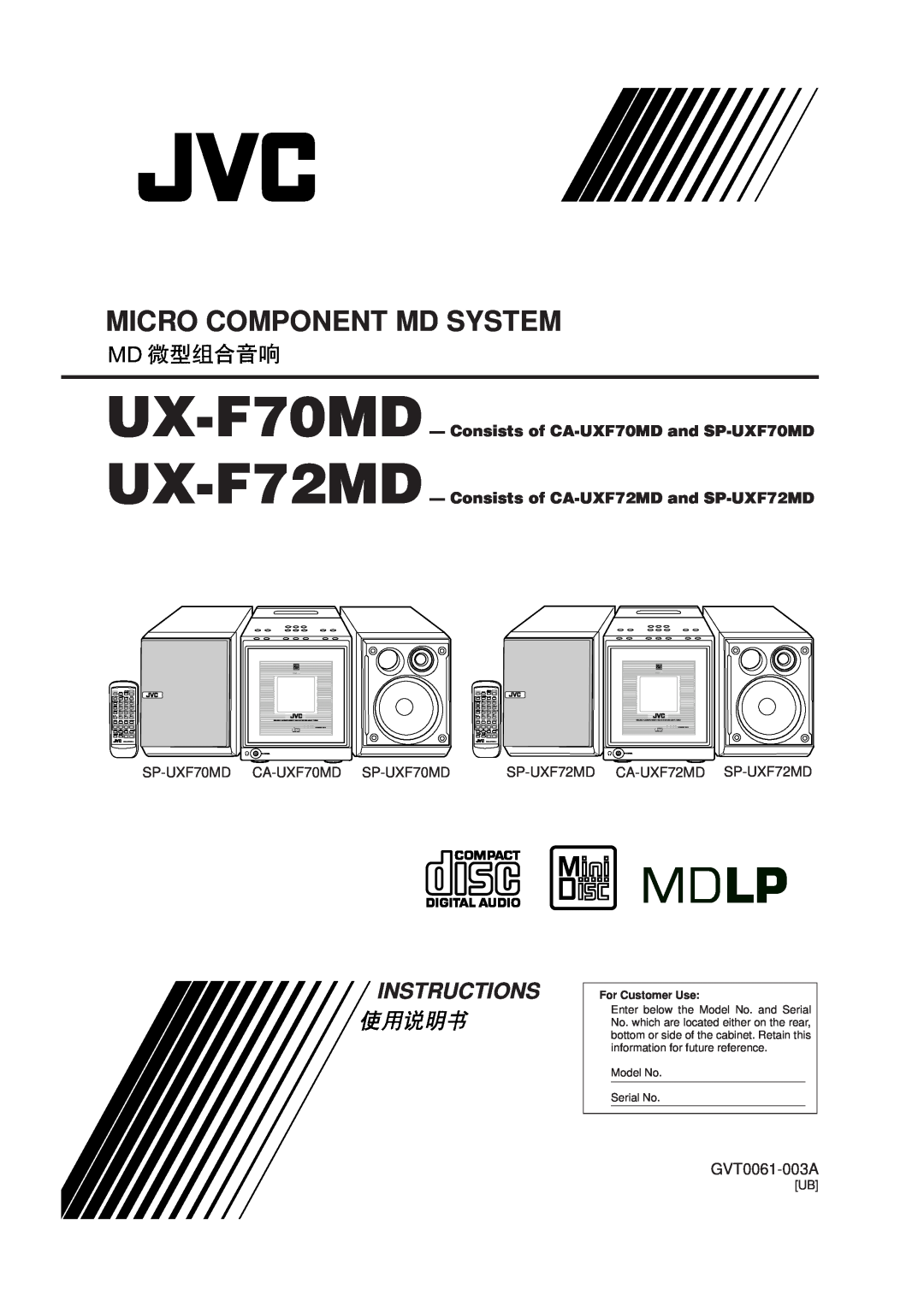 JVC UX-F72MD manual Consists of CA-UXF70MDand SP-UXF70MD, Consists of CA-UXF72MDand SP-UXF72MD, GVT0061-003A, Instructions 