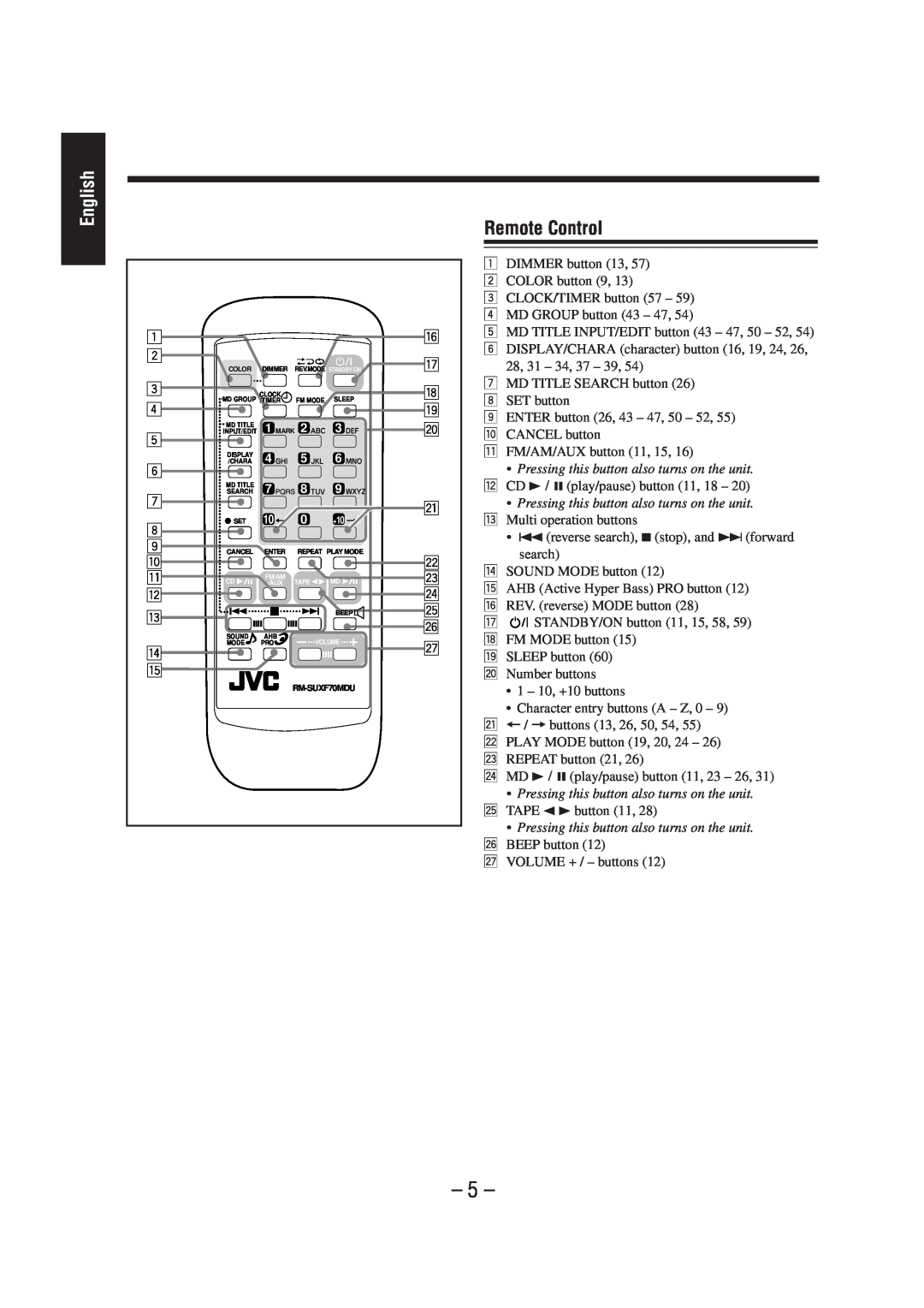 JVC UX-F70MD, UX-F72MD manual 5, Remote Control, English 