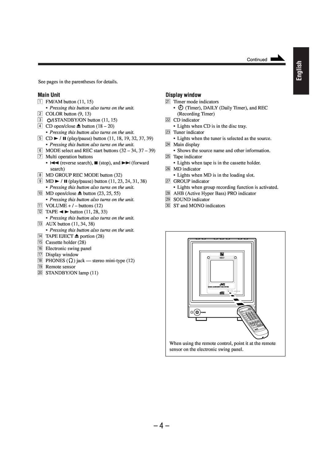 JVC UX-F72MD, UX-F70MD manual 4, Main Unit, Display window, English 