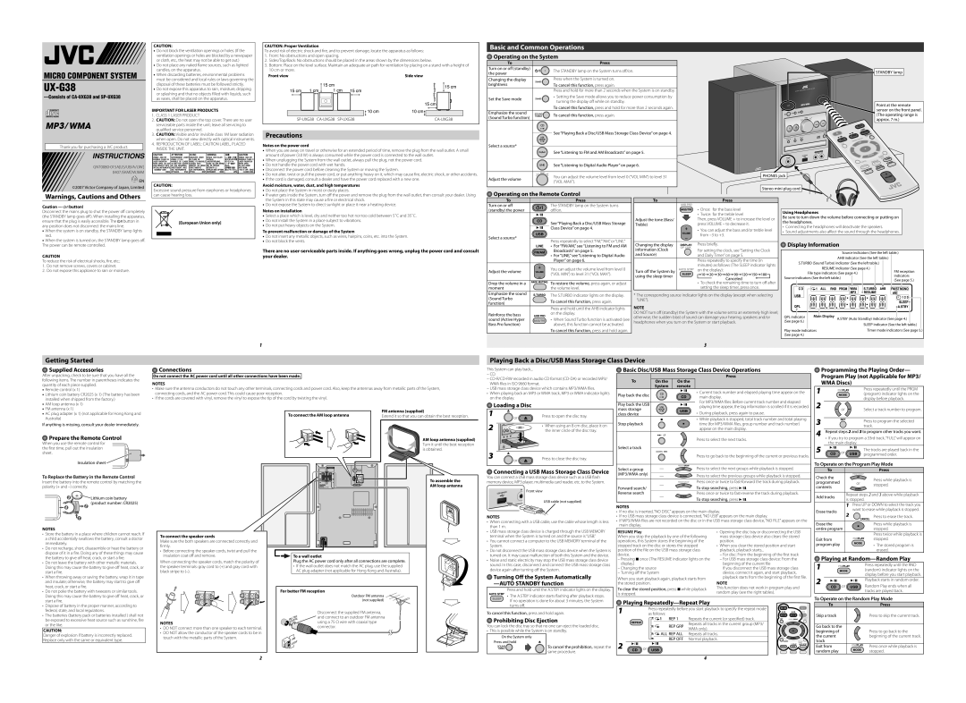 JVC UX-G38 user service Precautions 