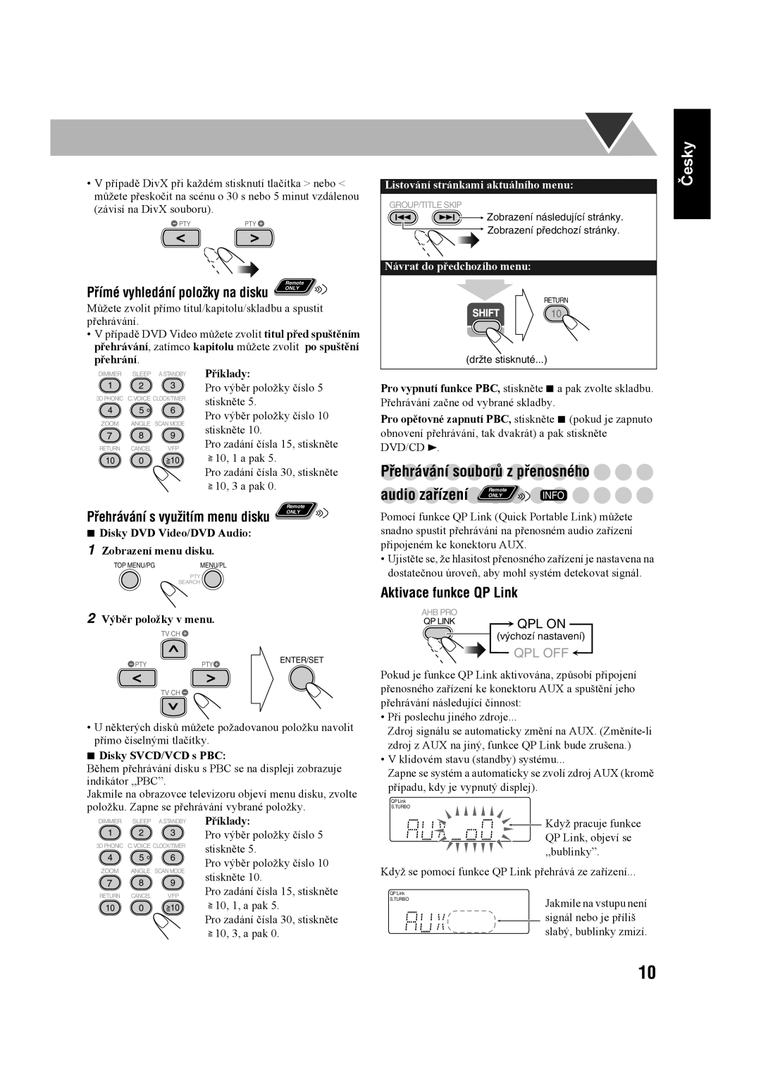 JVC UX-G60 manual Přehrávání s využitím menu disku, Disky DVD Video/DVD Audio Zobrazení menu disku, Výběr položky v menu 