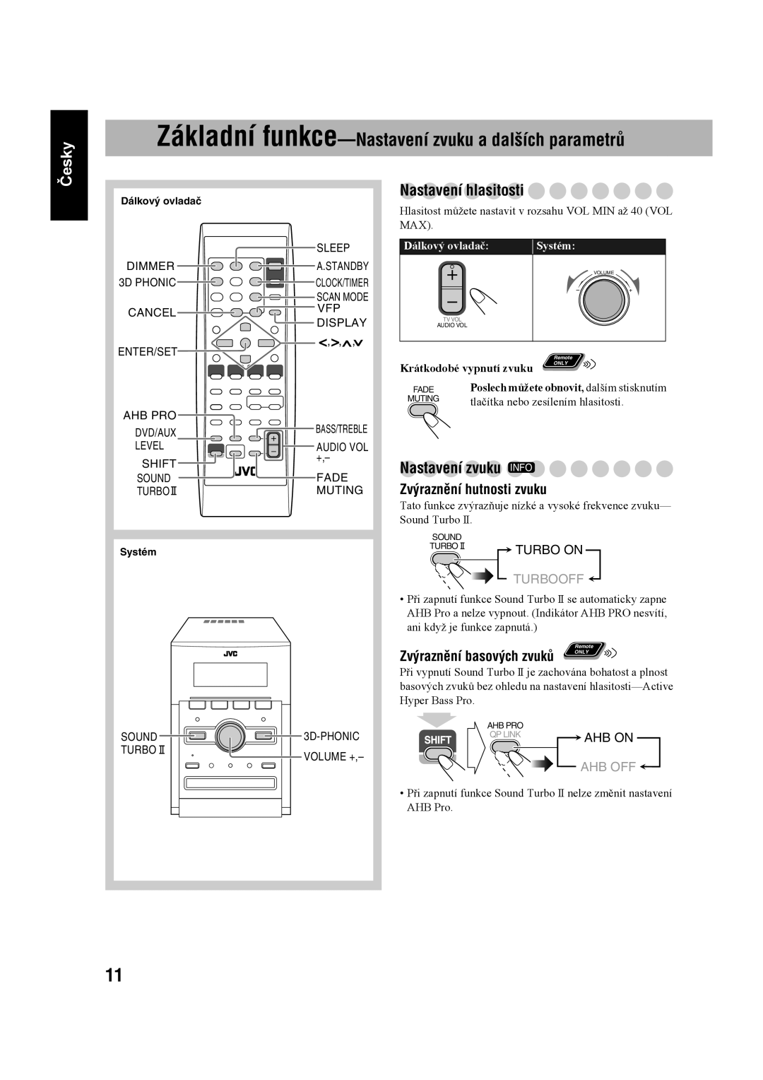 JVC UX-G60 manual Nastavení hlasitosti, Nastavení zvuku Info, Zvýraznění hutnosti zvuku, Zvýraznění basových zvuků 