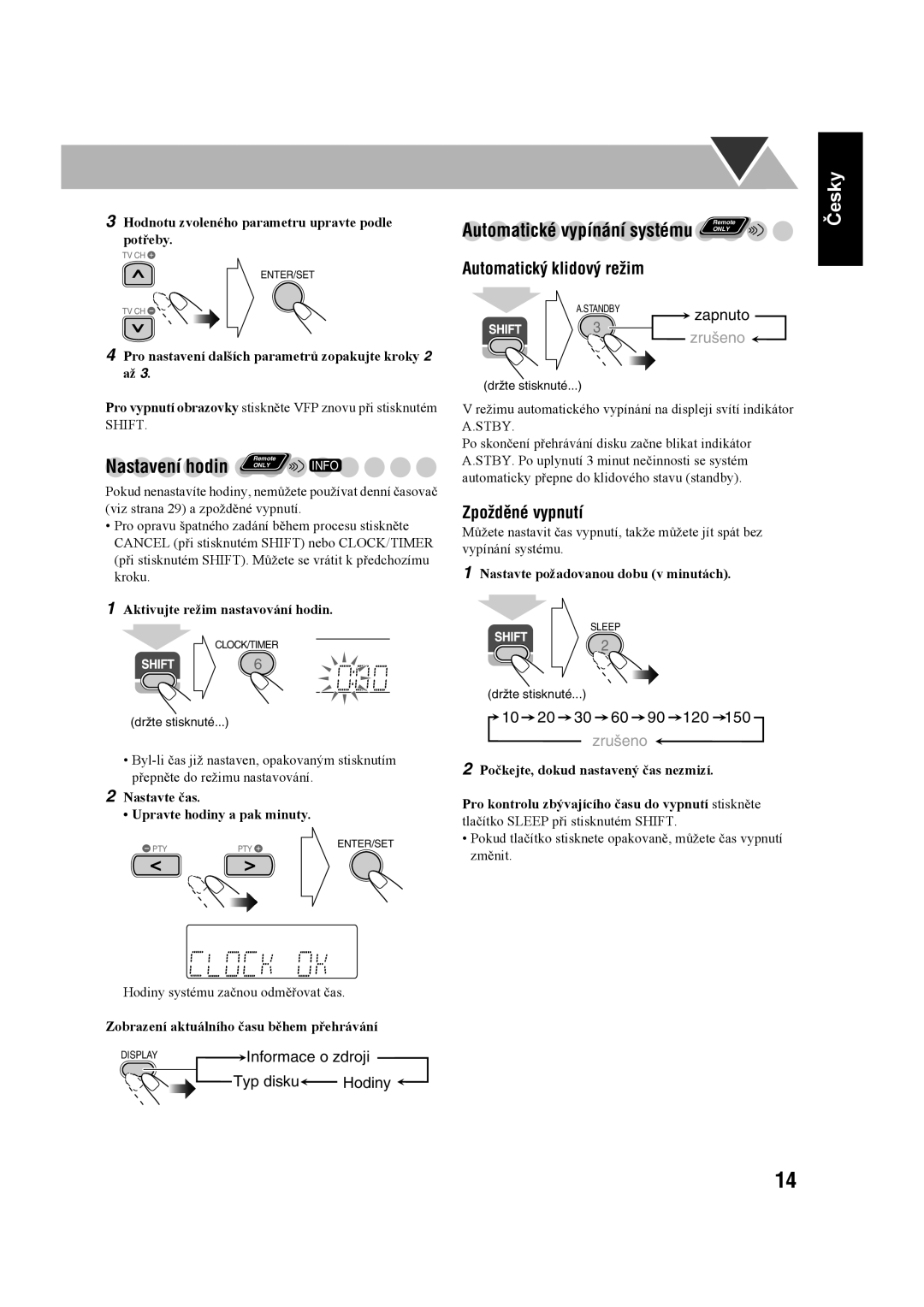 JVC UX-G60 manual Nastavení hodin, Česky, Automatický klidový režim, Zpožděné vypnutí 