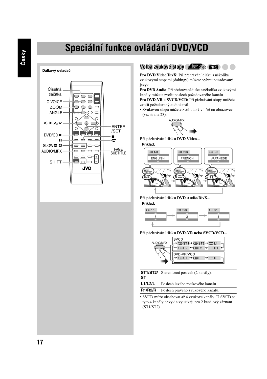 JVC UX-G60 manual Speciální funkce ovládání DVD/VCD, Volba zvukové stopy, Při přehrávání disku DVD Video 