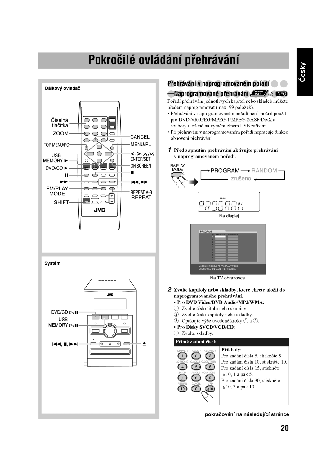 JVC UX-G60 manual Pokročilé ovládání přehrávání, Přehrávání v naprogramovaném pořadí, Naprogramované přehrávání, Číselná 