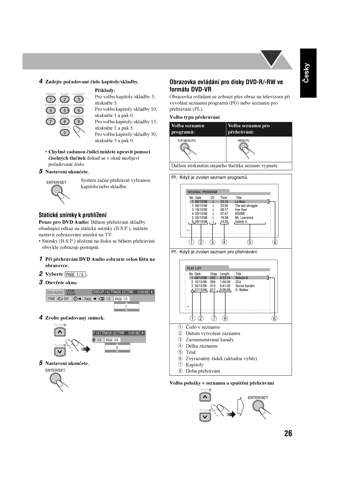 JVC UX-G60 manual Statické snímky k prohlížení, Zadejte požadované číslo kapitoly/skladby, Zvolte požadovaný snímek 