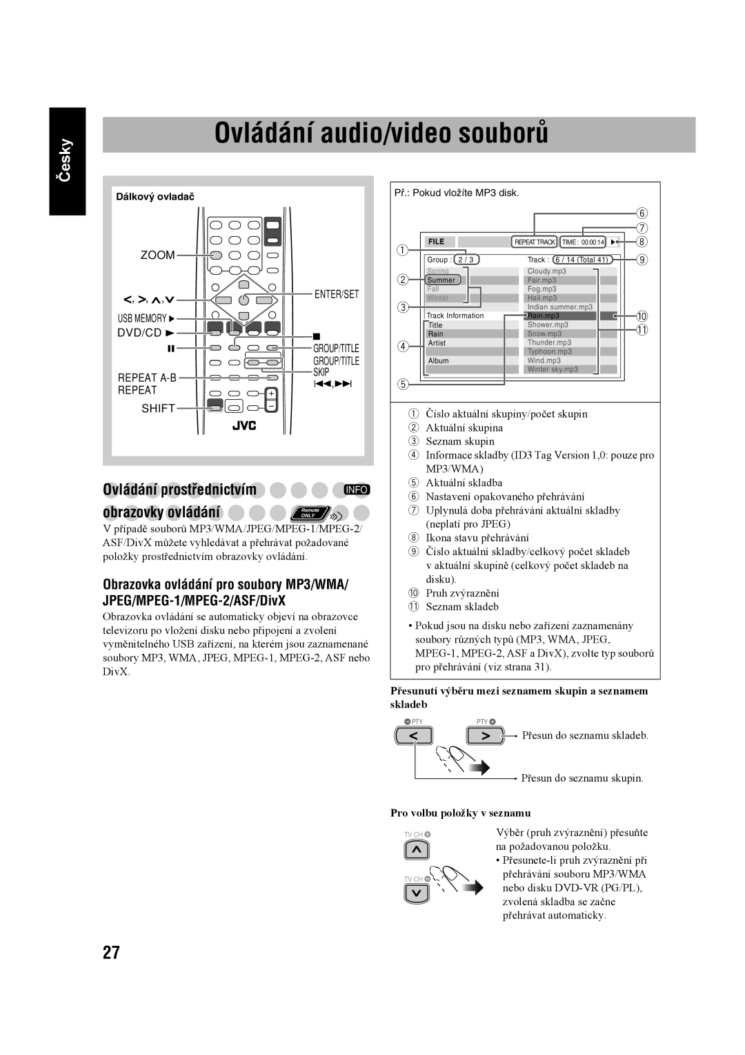 JVC UX-G60 manual Ovládání audio/video souborů, Ovládání prostřednictvím, Obrazovky ovládání, Pro volbu položky v seznamu 