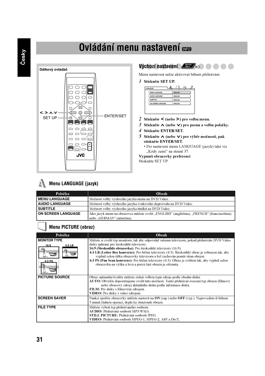 JVC UX-G60 manual Ovládání menu nastavení Info, Menu Language jazyk, Výchozí nastavení, Menu Picture obraz 