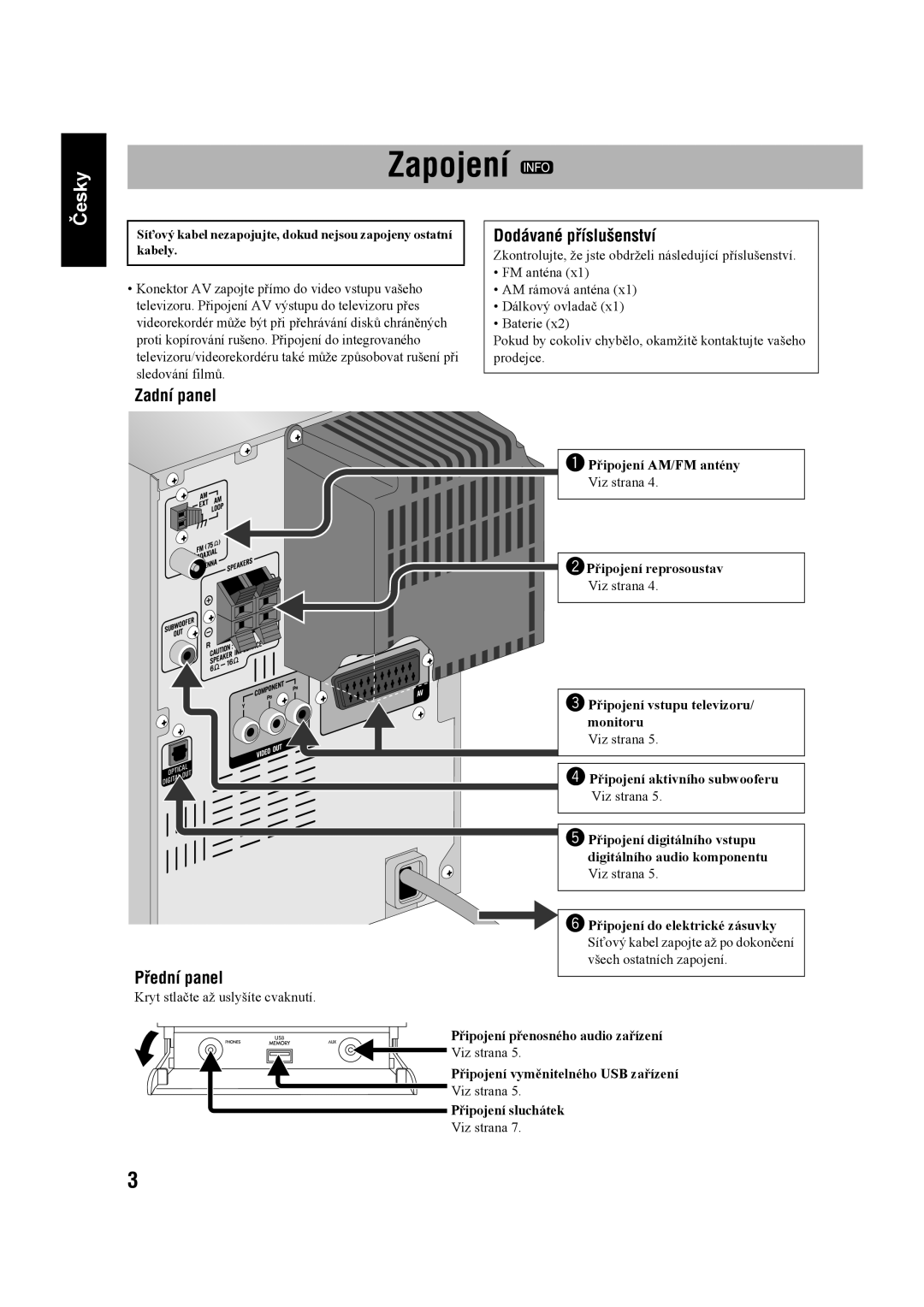 JVC UX-G60 manual Zapojení, Zadní panel Dodávané příslušenství, Přední panel 