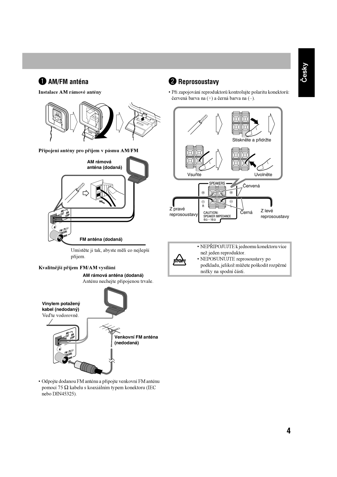 JVC UX-G60 manual ~ AM/FM anténa, Reprosoustavy, Instalace AM rámové antény, Připojení antény pro příjem v pásmu AM/FM 