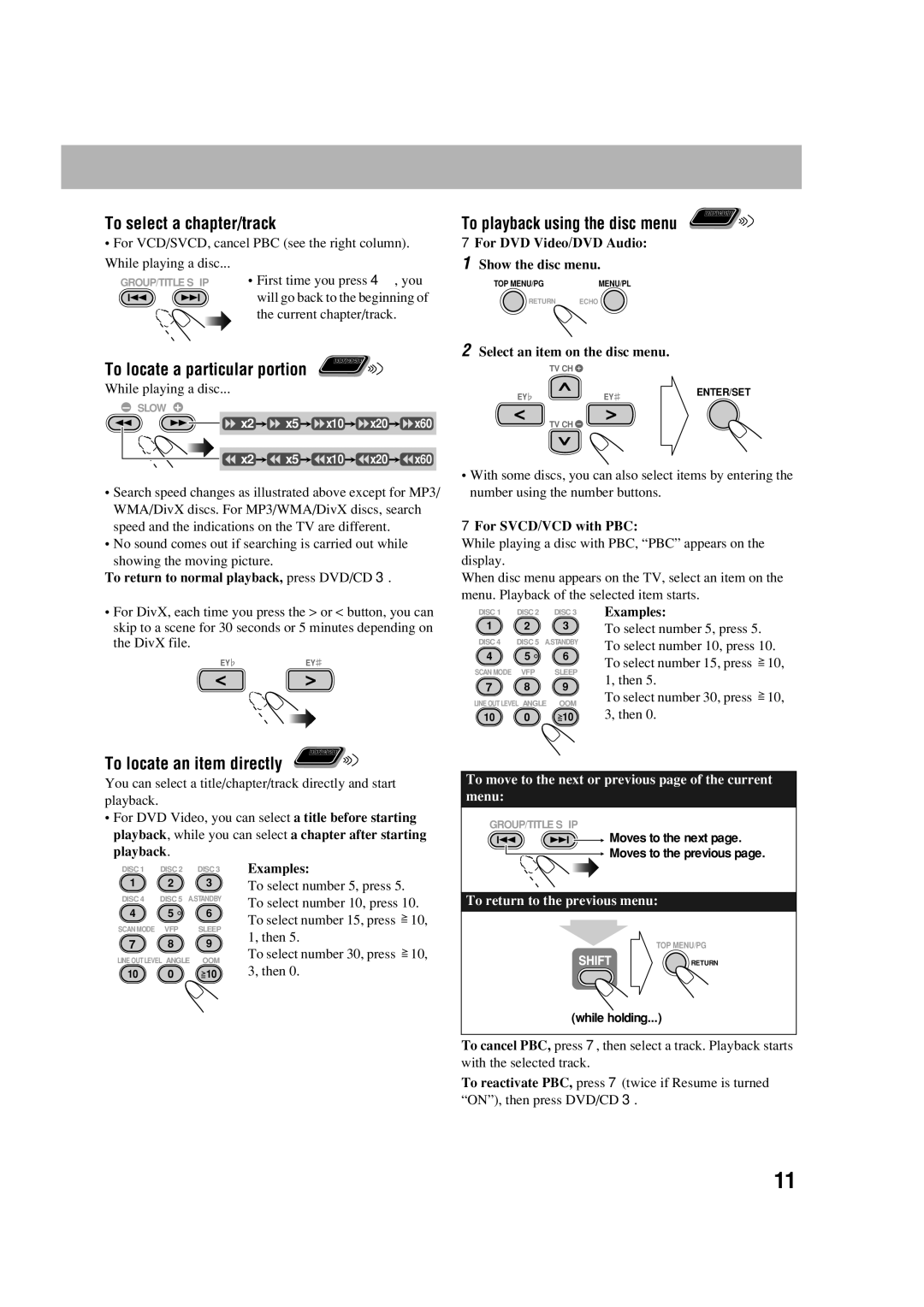 JVC UX-G70 manual To select a chapter/track, To locate a particular portion, To locate an item directly 