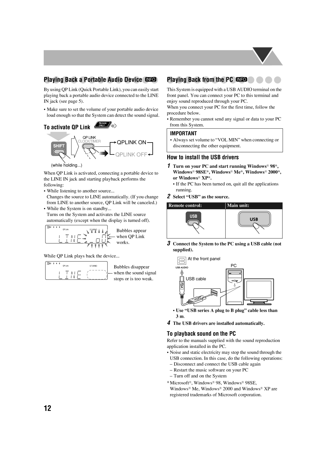 JVC UX-G70 manual Playing Back from the PC Info, Playing Back a Portable Audio Device Info, How to install the USB drivers 