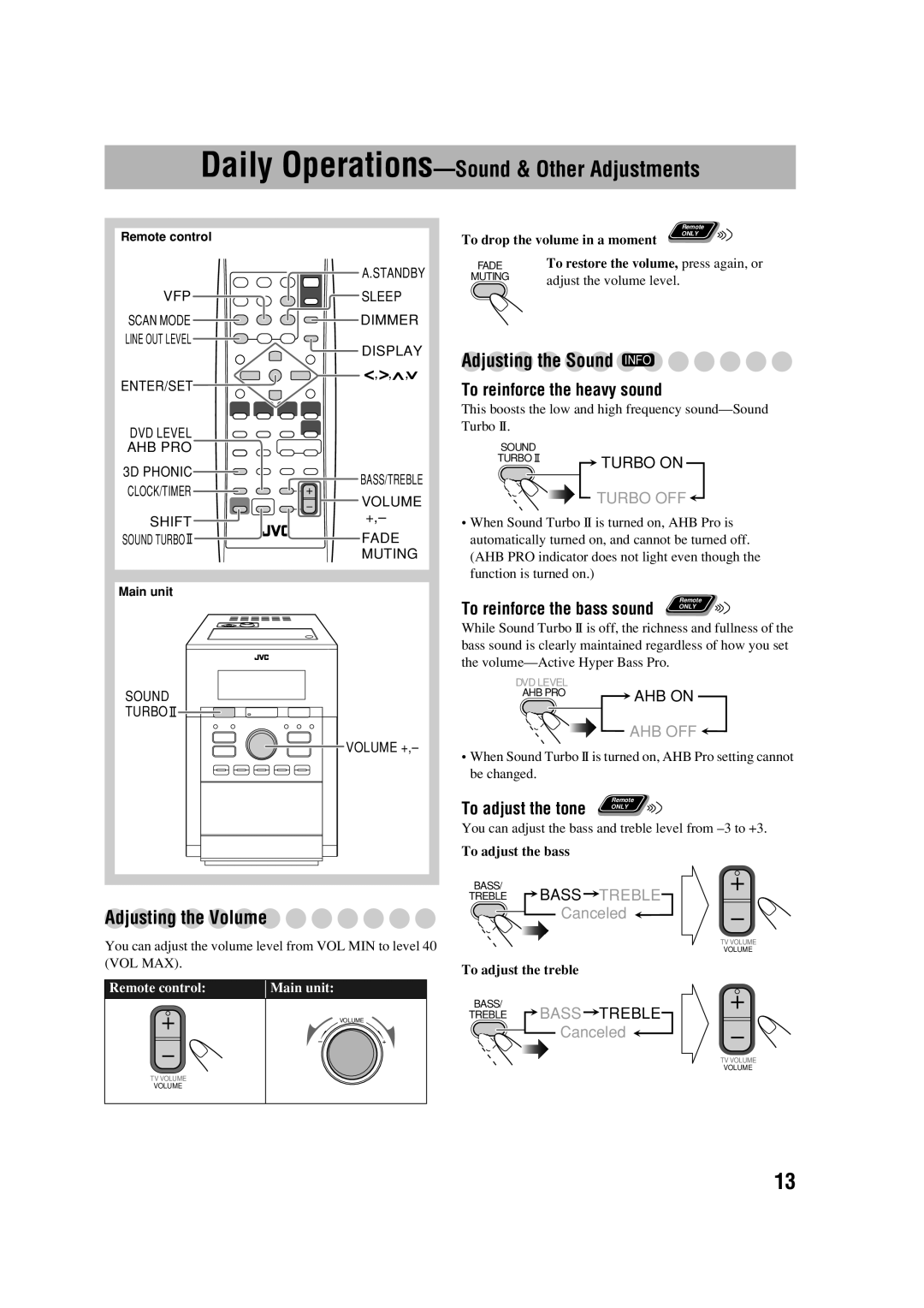 JVC UX-G70 manual Adjusting the Volume, Adjusting the Sound Info, To reinforce the heavy sound, To adjust the tone 