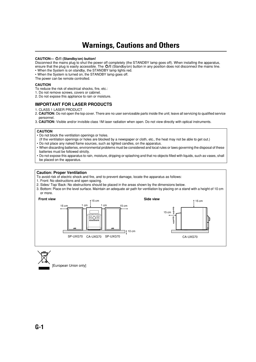 JVC UX-G70 manual Important for Laser Products 