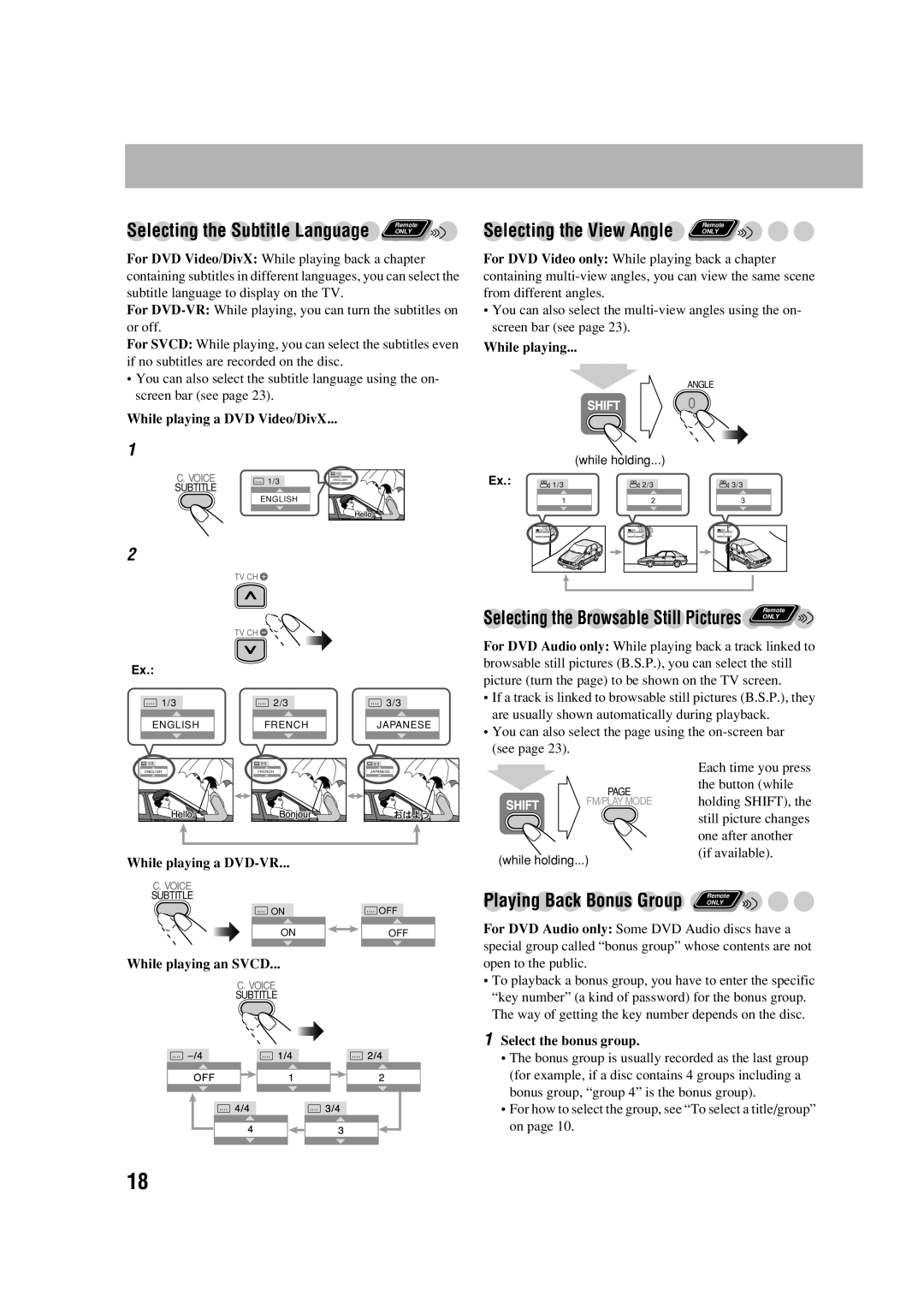 JVC UX-G70 manual Selecting the Subtitle Language, Selecting the View Angle, Playing Back Bonus Group 