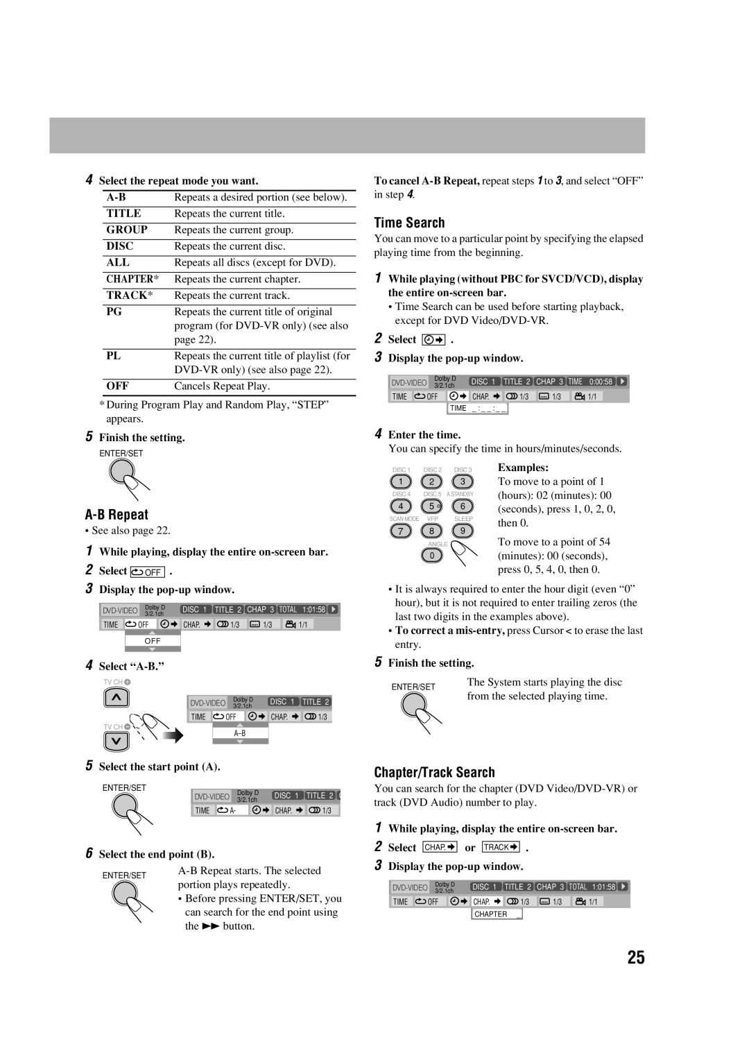 JVC UX-G70 manual Time Search, Chapter/Track Search 