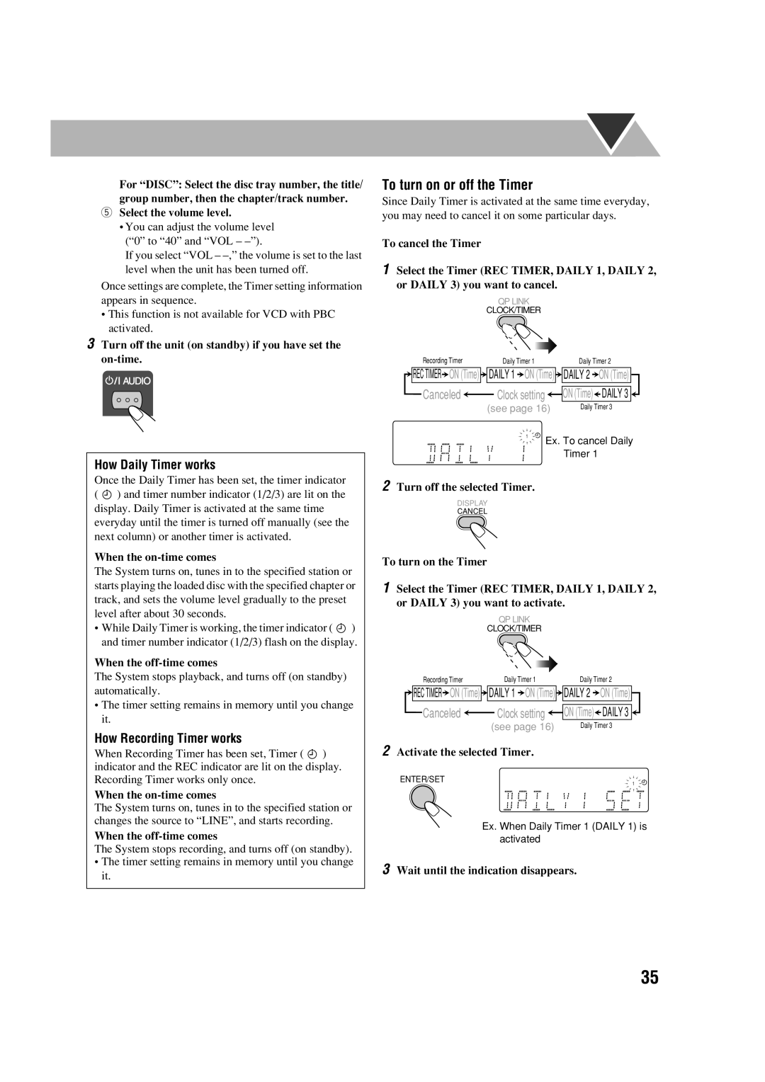 JVC UX-G70 manual To turn on or off the Timer 